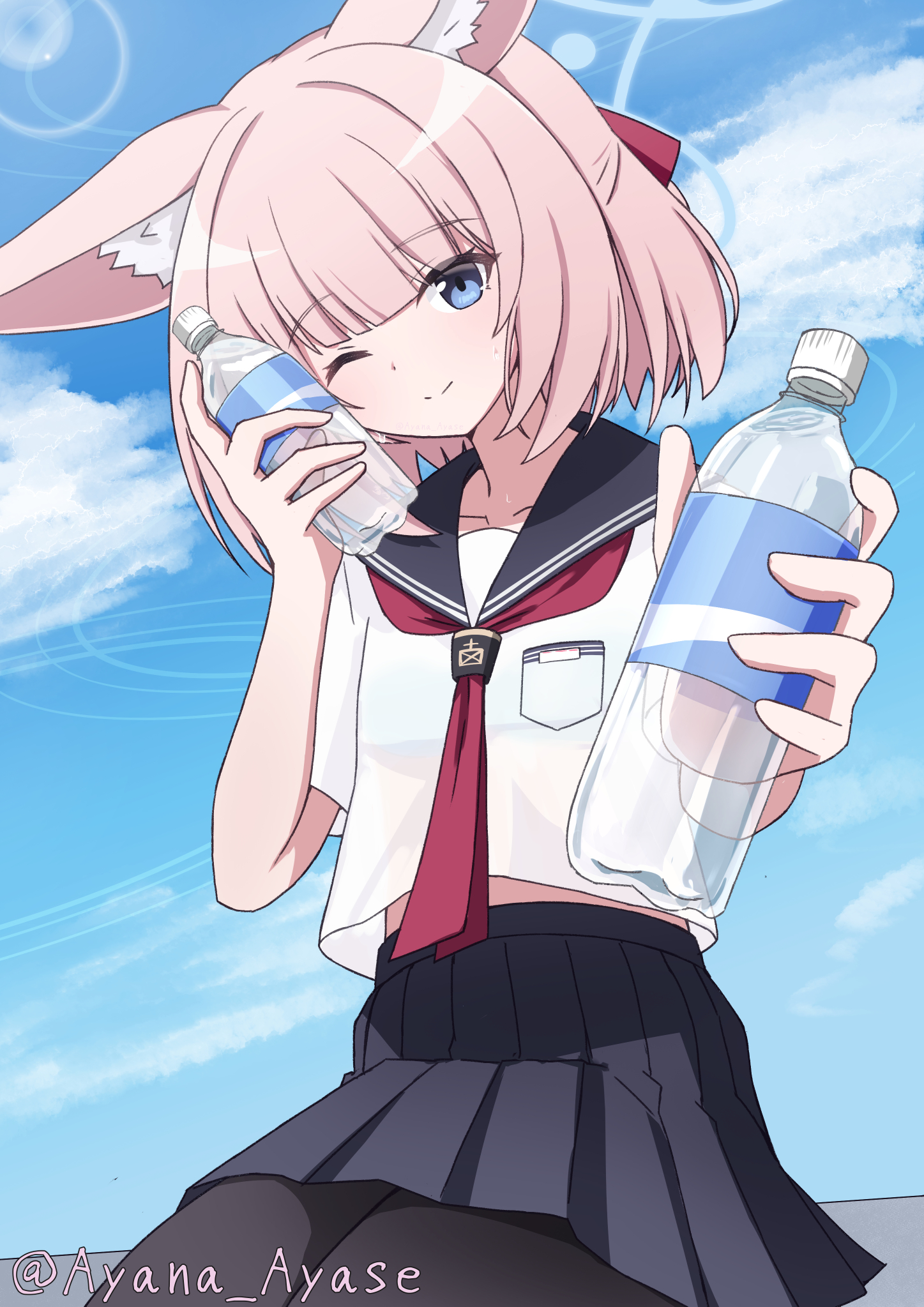 ayana ayase, niko (blue archive), blue archive, commentary request, highres, 1girl, ;), animal ear fluff, animal ears, black pantyhose, black sailor collar, black shirt, blue eyes, blue halo, blue sky, blunt bangs, blush, bottle, closed mouth, cloud, cowboy shot, day, dual wielding, eyes visible through hair, fox ears, fox girl, hair ribbon, half updo, halo, hands up, holding, holding bottle, looking at viewer, medium hair, midriff peek, miniskirt, neckerchief, one eye closed, outdoors, pantyhose, pink hair, pleated skirt, red neckerchief, red ribbon, ribbon, sailor collar, school uniform, serafuku, shirt, short sleeves, sitting, skirt, sky, smile, solo, twitter username, water bottle, white shirt