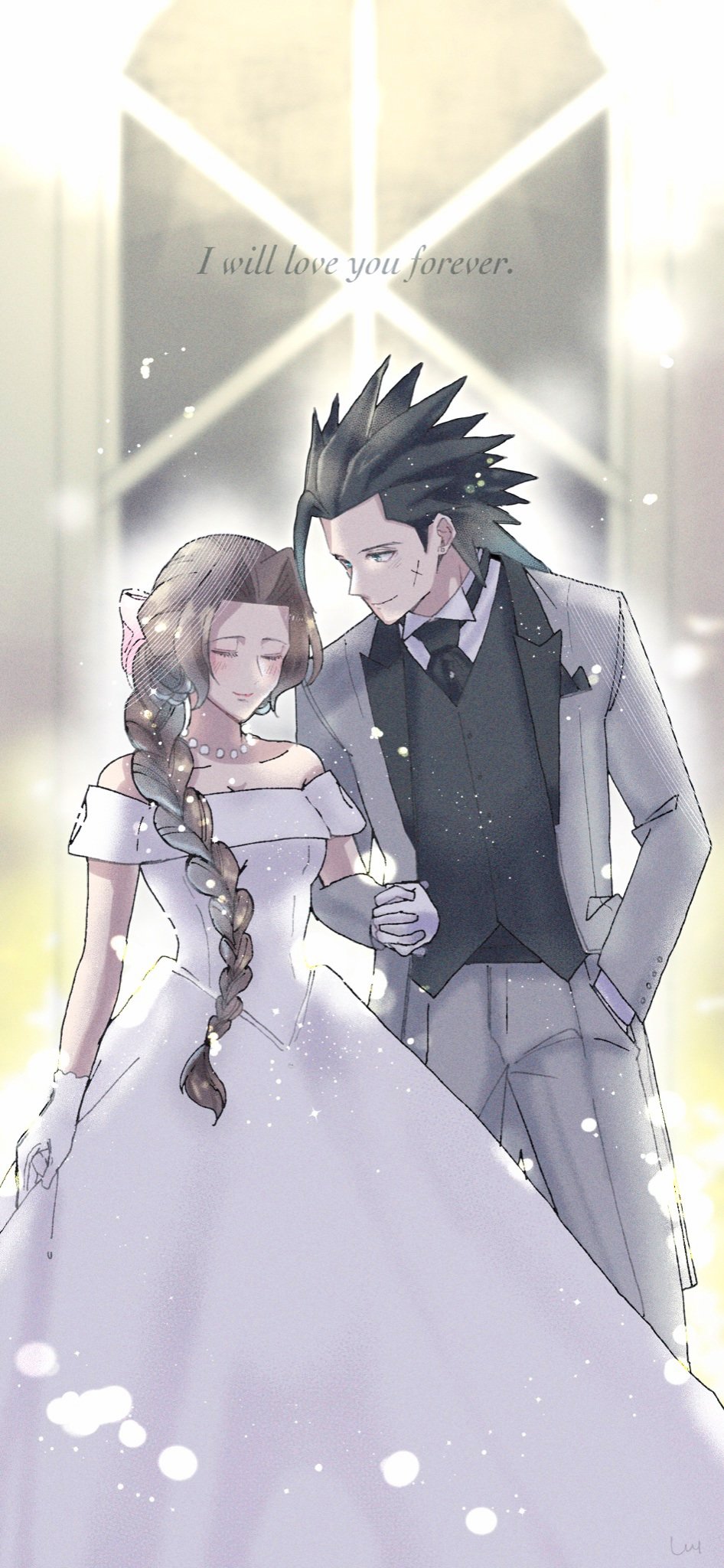 sin 3794, aerith gainsborough, zack fair, crisis core final fantasy vii, final fantasy, final fantasy vii, commentary request, highres, 1boy, 1girl, bare shoulders, black hair, black necktie, black vest, blue eyes, braid, braided ponytail, breasts, brown hair, church, closed eyes, closed mouth, couple, cross scar, dress, english text, facial scar, feet out of frame, gloves, grey jacket, grey pants, hair slicked back, height difference, hetero, holding hands, interlocked fingers, jacket, jewelry, light particles, long hair, looking at another, necklace, necktie, off-shoulder dress, off shoulder, pants, parted bangs, pearl necklace, scar, scar on cheek, scar on face, shirt, smile, spiked hair, standing, suit jacket, vest, wedding, wedding dress, wedding suit, white dress, white gloves, white shirt