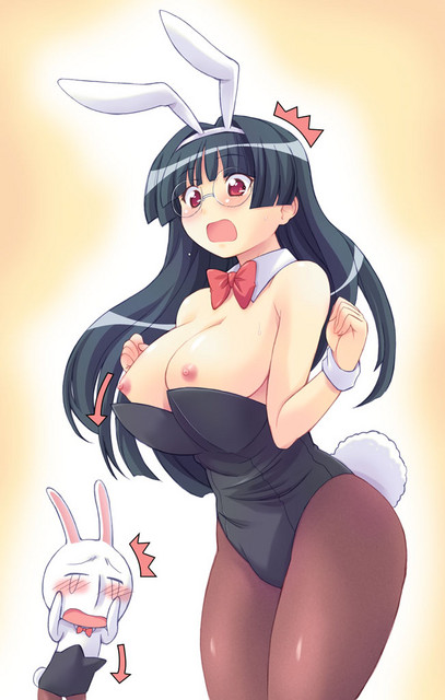 mesousa, tachibana rei, pani poni dash!, tagme, 00s, 1girl, animal ears, black hair, black leotard, black pantyhose, blush, breasts, breasts out, fake animal ears, fake tail, glasses, large breasts, leotard, nipples, no bra, pantyhose, playboy bunny, rabbit ears, rabbit tail, red eyes, tail, wardrobe malfunction