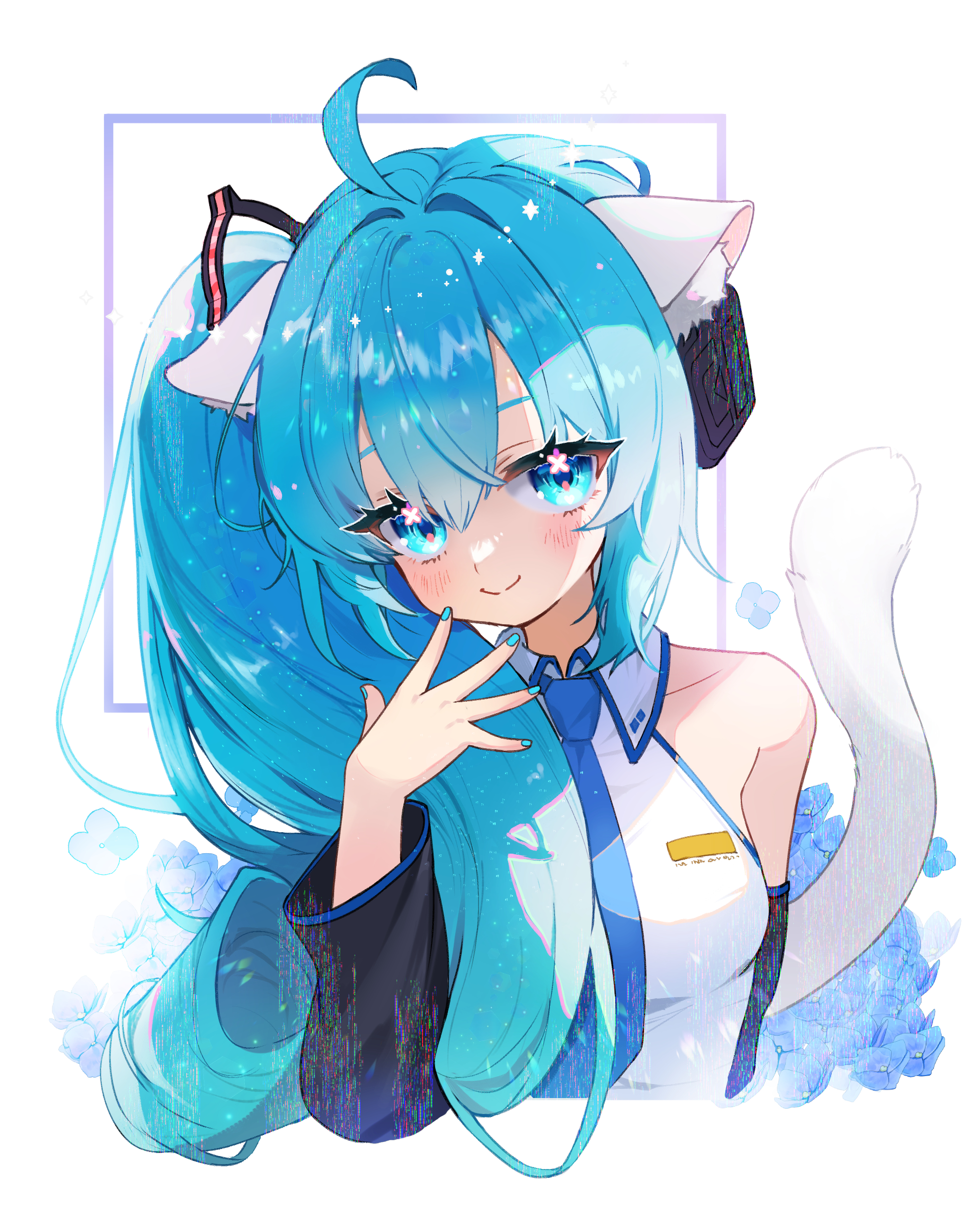 hovaku, hatsune miku, hatsune miku (noodle stopper), vocaloid, absurdres, highres, 1girl, ahoge, alternate hairstyle, animal ear fluff, animal ears, aqua eyes, aqua hair, aqua nails, aqua necktie, aqua trim, arm behind back, bare shoulders, black sleeves, blush, breasts, cat ears, cat girl, cat tail, closed mouth, collarbone, collared shirt, detached sleeves, hair between eyes, hair ornament, hair over shoulder, hand up, headphones, long hair, long sleeves, looking at viewer, medium breasts, meme, necktie, shirt, side ponytail, sidetail miku noodle stopper (meme), simple background, sleeveless, sleeveless shirt, smile, solo, tail, upper body, very long hair, white background, white shirt, wide sleeves