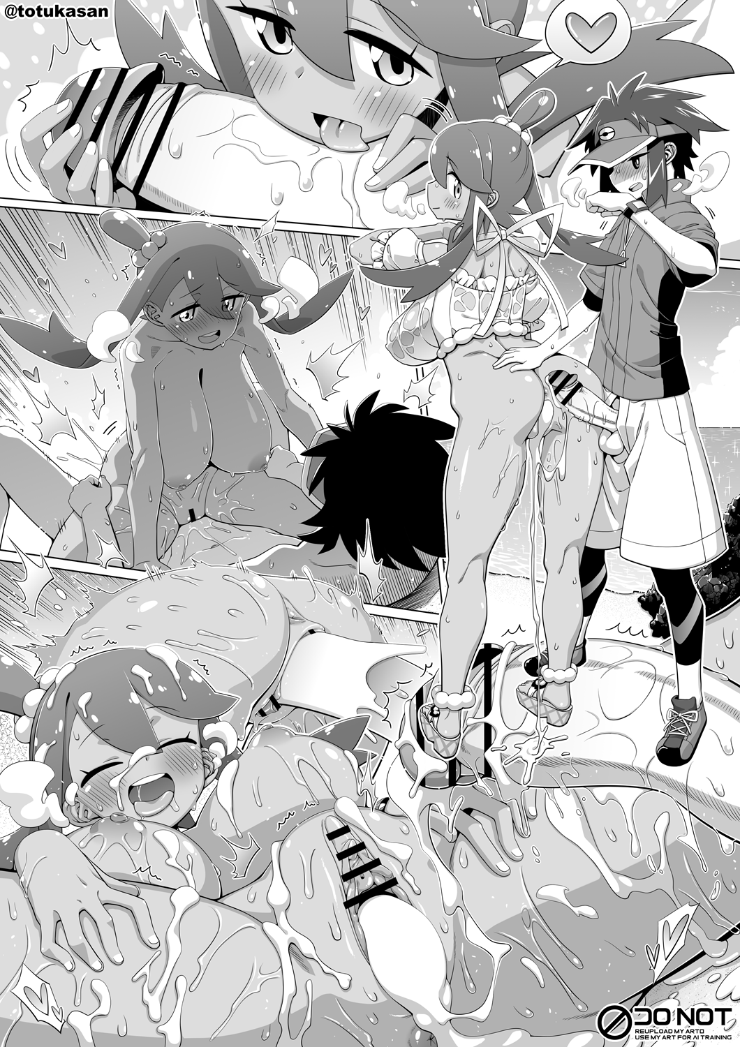 totukasan, nate (pokemon), skyla (pokemon), nintendo, pokemon, highres, 1boy, 1girl, ass, bar censor, breasts, censored, cowgirl position, crop top, cum, cum in pussy, cumdrip, fellatio, greyscale, hetero, huge breasts, licking, licking penis, monochrome, nipples, oral, penis, penis out, pussy, sex, shorts, straddling, twintails, vaginal, visor cap