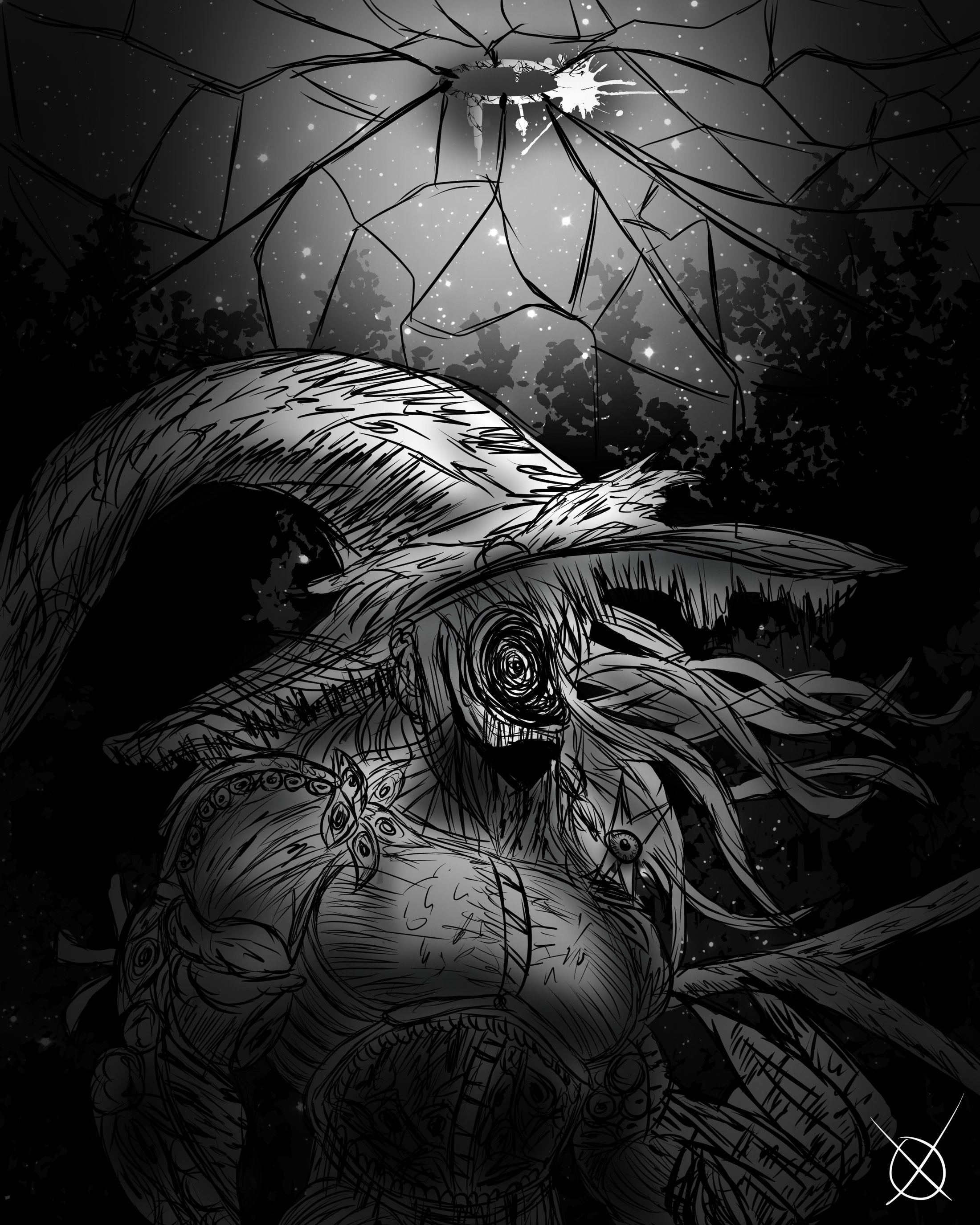 arianne20131, kirisame marisa, touhou, touhou igyoukyo, absurdres, commentary, english commentary, highres, 1girl, body horror, bow, crack, cracked glass, dark, forest, greyscale, hat, hat bow, hatching (texture), hole in chest, hole in face, hole on body, horror (theme), long hair, monochrome, monster, muscular, muscular female, nature, night, night sky, outdoors, signature, sky, solo, star (sky), starry sky, tentacles, variant marisa, witch hat