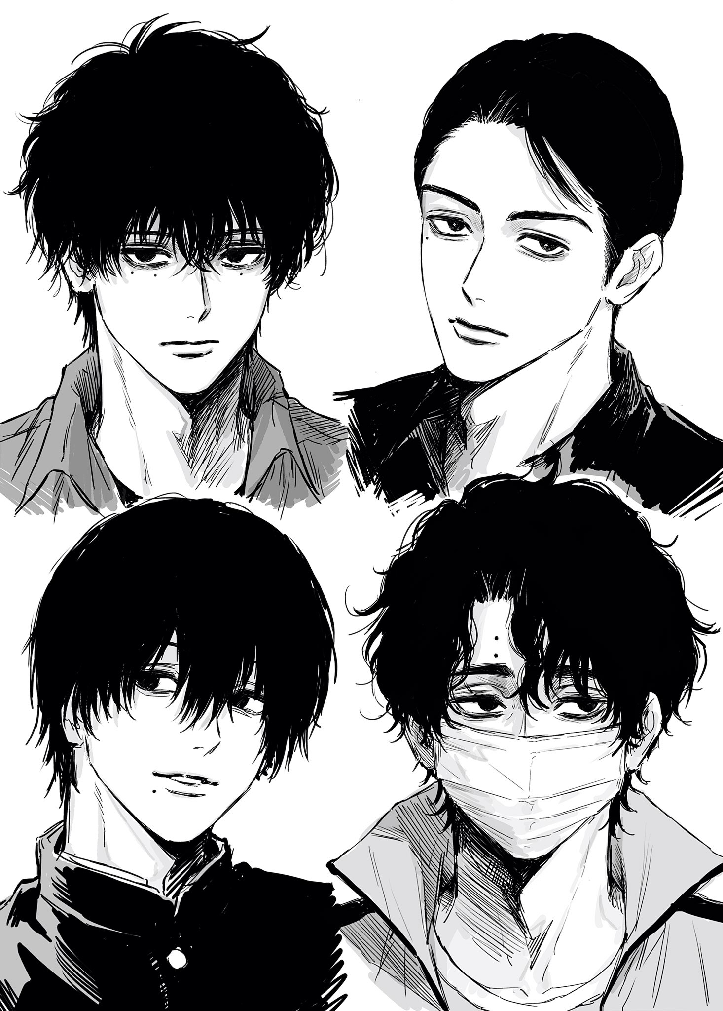 sso s, sakusa kiyoomi, seba natsuki, yoshida hirofumi, chainsaw man, haikyuu!!, sakamoto days, highres, 4boys, buttons, closed mouth, collared shirt, cropped shoulders, gakuran, greyscale, hair between eyes, jacket, kobayashi keiji (onna no sono no hoshi), looking at viewer, looking to the side, male focus, mask, mole, mole on forehead, mole under eye, mole under mouth, monochrome, mouth mask, multiple boys, multiple moles, onna no sono no hoshi, parted bangs, parted lips, school uniform, shirt, short hair, simple background, teeth, unzipped, white background