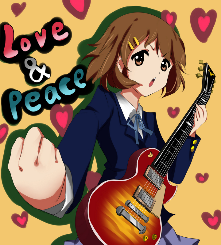 dengshuyu, hirasawa yui, k-on!, 00s, 1girl, brown eyes, brown hair, clenched hand, female focus, gibson les paul, guitar, instrument, pov, school uniform, short hair, solo
