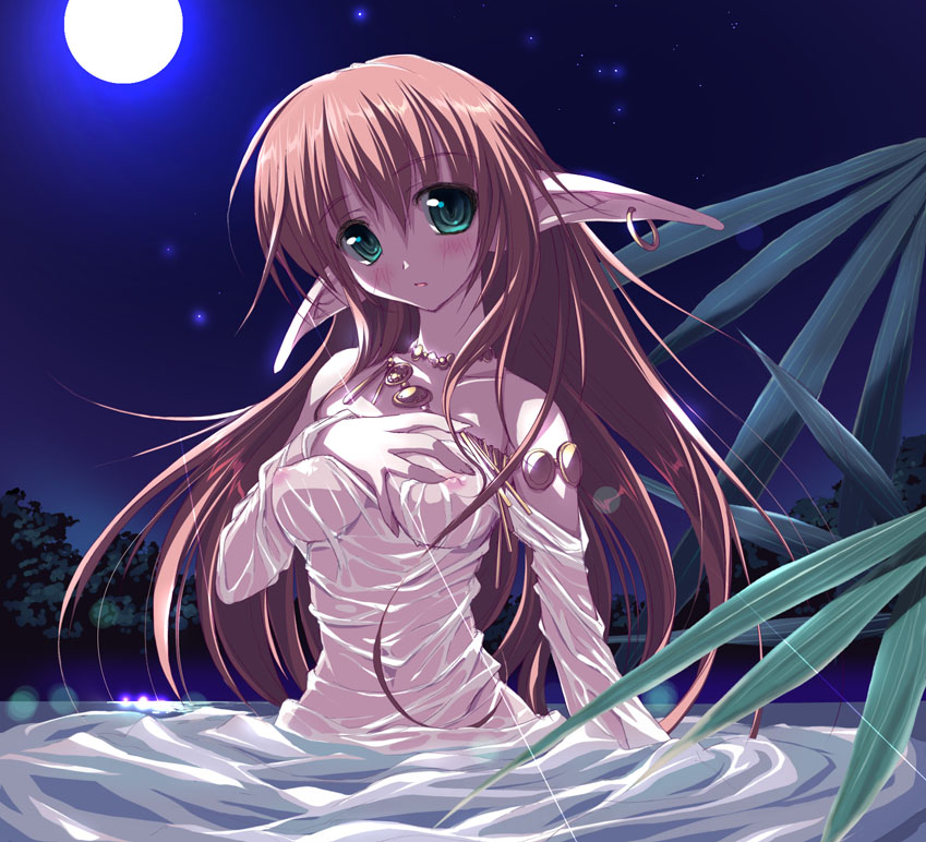 tsurusaki takahiro, 1girl, aqua eyes, armpits, bare shoulders, blush, breasts, brown hair, collarbone, earrings, female focus, jewelry, long hair, medium breasts, midriff, moon, navel, necklace, nipples, open mouth, outdoors, pointy ears, see-through clothes, solo, star (symbol), very long hair, water, wet