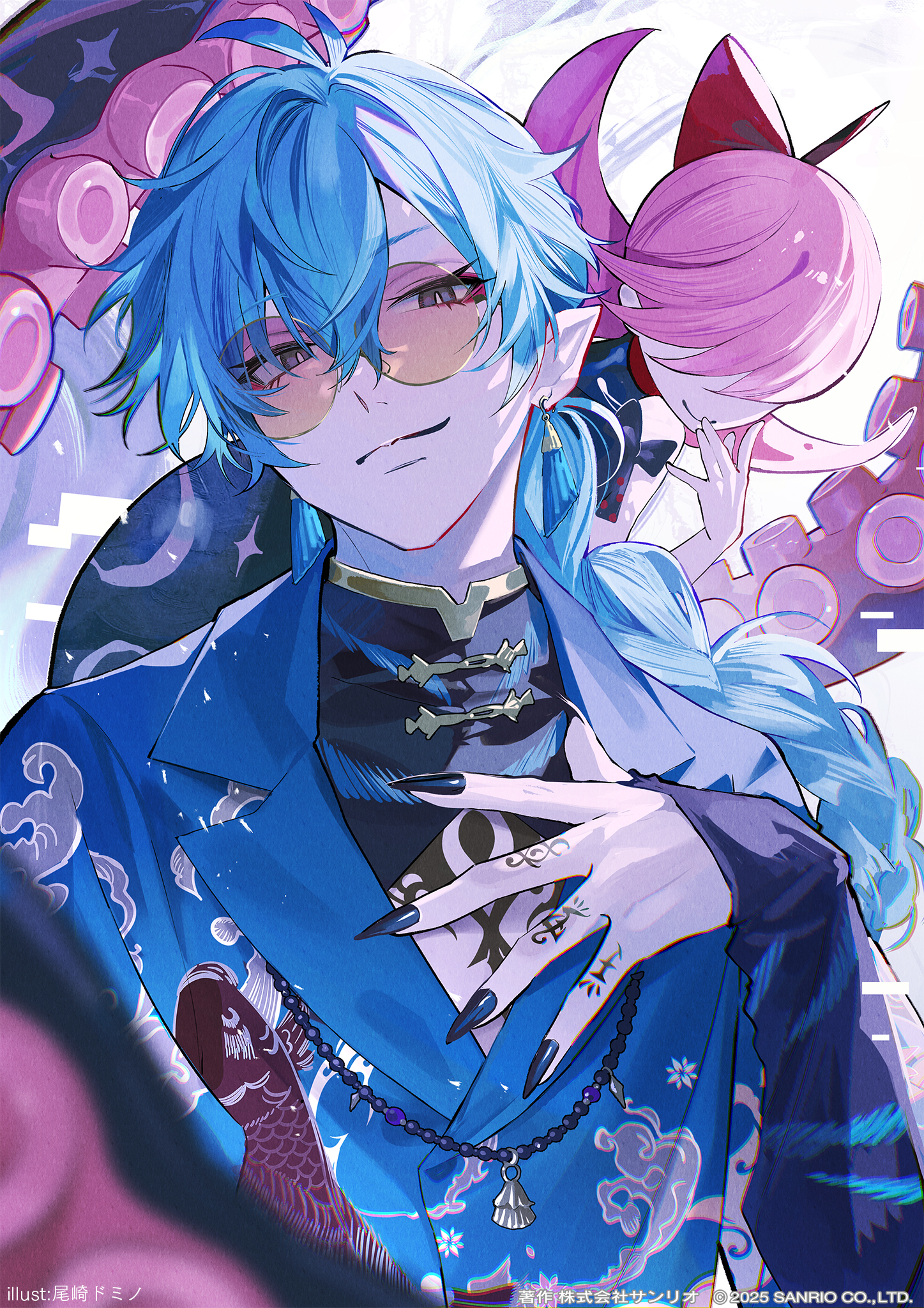 ozaki domino, hangyon (fragaria memories), fragaria memories, highres, official art, 1boy, 1girl, ahoge, animal print, aqua hair, artist name, black dress, blue nails, blue shirt, bow, braid, chest tattoo, chinese clothes, cloud print, copyright notice, dress, earrings, eyeliner, fairy, finger tattoo, fingernails, fish print, glitch, hair between eyes, hair bow, hair over eyes, hand on own chest, hand to own mouth, jewelry, layered clothes, light smile, lily (fragaria memories), long bangs, long hair, long sleeves, looking at viewer, makeup, monster girl, nail polish, necklace, orange hair, pointy ears, red eyeliner, round eyewear, scylla, sharp fingernails, shirt, smirk, sunglasses, tattoo, tentacles