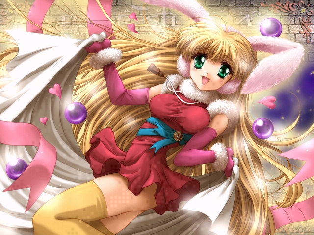 non-web source, animal ears, blonde hair, dress, elbow gloves, gloves, green eyes, long hair, rabbit ears, ribbon, shawl, solo, thighhighs