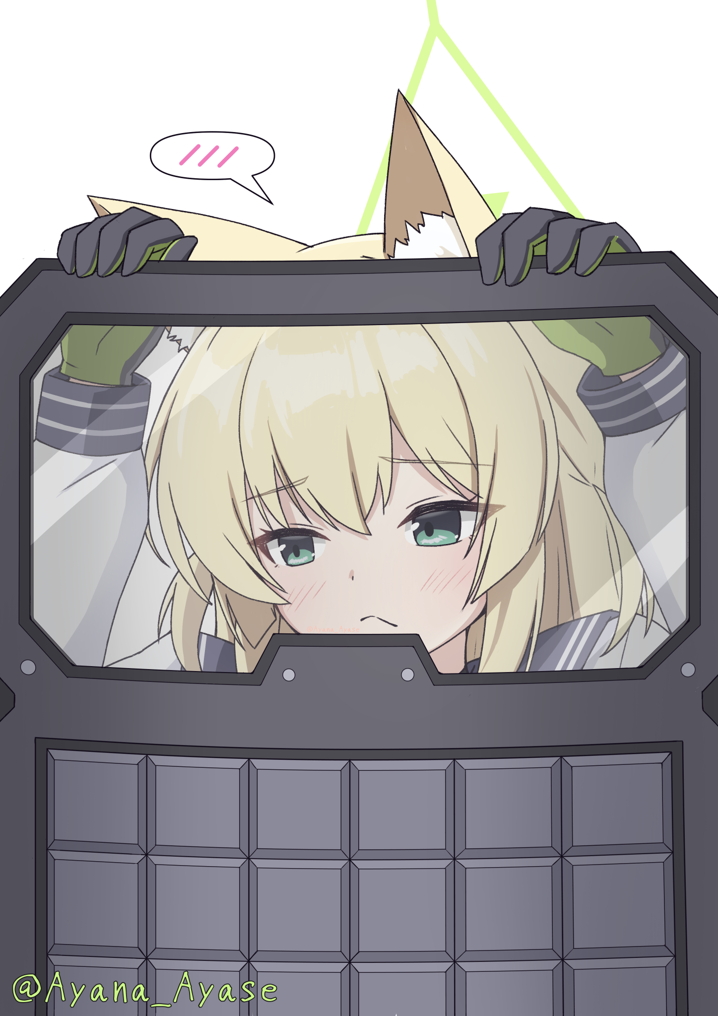 ayana ayase, kurumi (blue archive), blue archive, commentary request, highres, 1girl, :<, animal ear fluff, animal ears, arms up, ballistic shield, black gloves, black sailor collar, blonde hair, blush, closed mouth, fox ears, fox girl, frown, gloves, green eyes, green halo, halo, hand on shield, long hair, long sleeves, looking to the side, portrait, sailor collar, school uniform, serafuku, shield, shy, sidelocks, simple background, solo, speech bubble, spoken blush, twitter username, two side up, white background