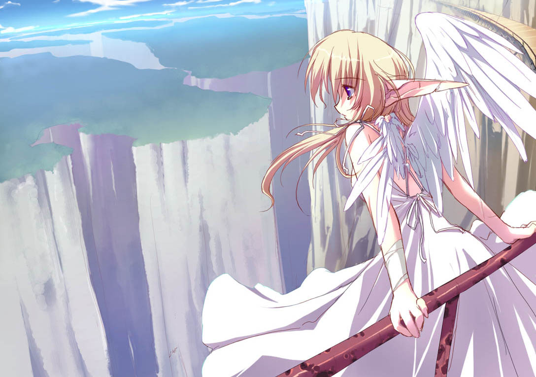 tsurusaki takahiro, angel, angel wings, bare shoulders, blonde hair, blue eyes, bow, dress, landscape, long hair, pointy ears, profile, solo, wings
