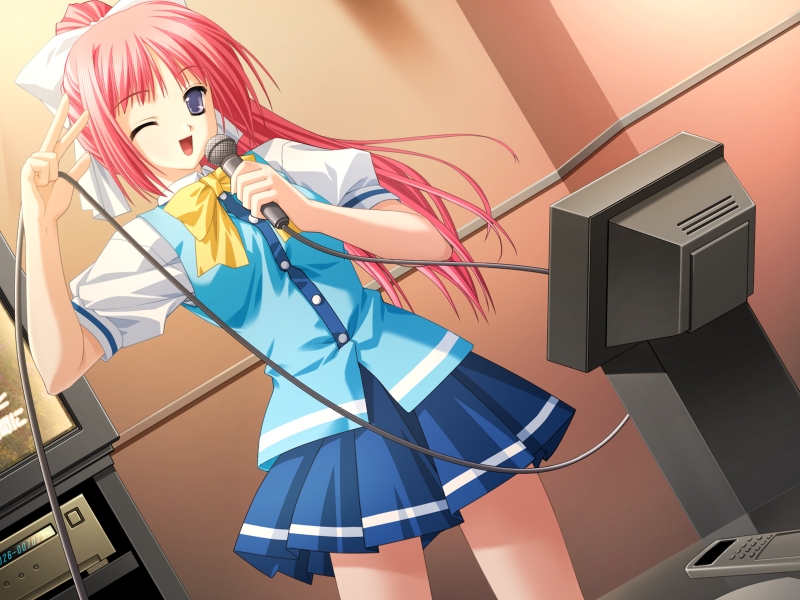 fukunaga midori, imouto watashi donna koto datte…, game cg, non-web source, 1girl, dutch angle, female focus, karaoke, long hair, monitor, music, one eye closed, ponytail, purple eyes, red hair, salute, school uniform, singing, solo, wink