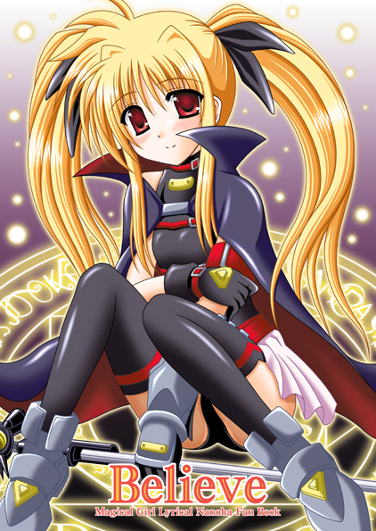 bardiche (nanoha), fate testarossa, lyrical nanoha, mahou shoujo lyrical nanoha, mahou shoujo lyrical nanoha a's, non-web source, 00s, blonde hair, cape, long hair, red eyes, solo, thighhighs