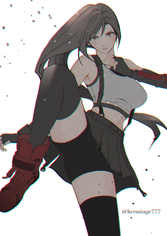 ha lu77, tifa lockhart, final fantasy, final fantasy vii, final fantasy vii remake, hashtag-only commentary, 1girl, armpits, bare shoulders, bike shorts under skirt, black gloves, black hair, black skirt, black sports bra, black thighhighs, boots, breasts, closed mouth, crop top, debris, elbow gloves, fighting stance, fingerless gloves, foot out of frame, gloves, large breasts, leg up, long hair, looking at viewer, low-tied long hair, midriff, red boots, red eyes, simple background, single arm guard, skirt, solo, sports bra, standing, standing on one leg, suspender skirt, suspenders, tank top, thighhighs, thighs, twitter username, white background, white tank top