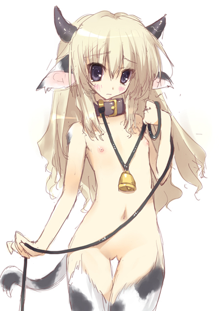 tsurusaki takahiro, crotch, fur, 1girl, animal ears, bell, blonde hair, blue eyes, blush, collar, collarbone, cow ears, cow girl, cow tail, cowbell, female focus, flat chest, frown, horns, leash, loli, long hair, monster girl, navel, neck bell, nipples, nude, purple eyes, simple background, sketch, solo, tail, thigh gap, thighs
