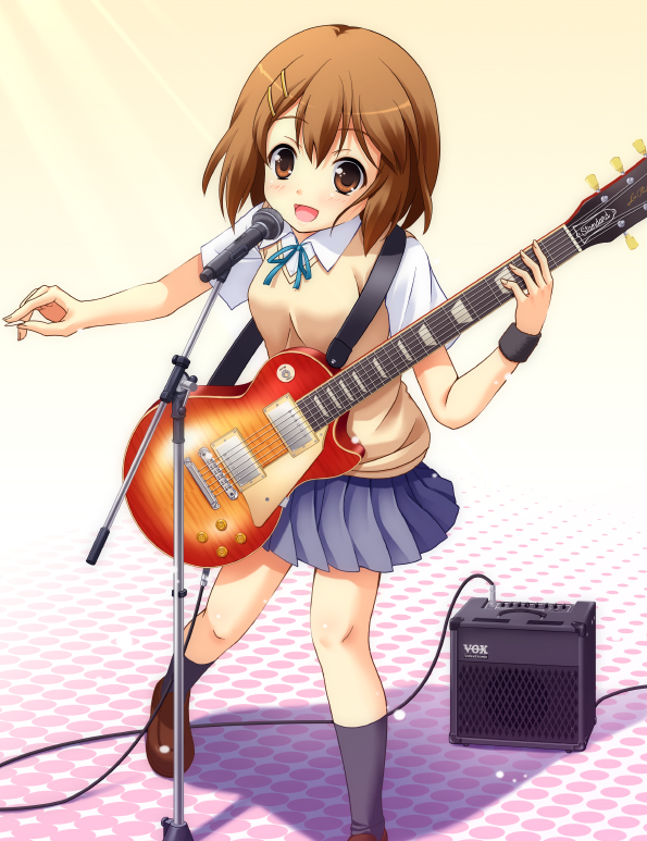 uehara yukihiko, hirasawa yui, k-on!, lights, bad id, bad pixiv id, 00s, 1girl, amplifier, blush, brown eyes, brown hair, cable, electric guitar, female focus, gibson les paul, guitar, hair ornament, hairclip, instrument, loafers, microphone, microphone stand, music, plectrum, school uniform, shoes, short hair, singing, socks, solo, sparkle, wristband