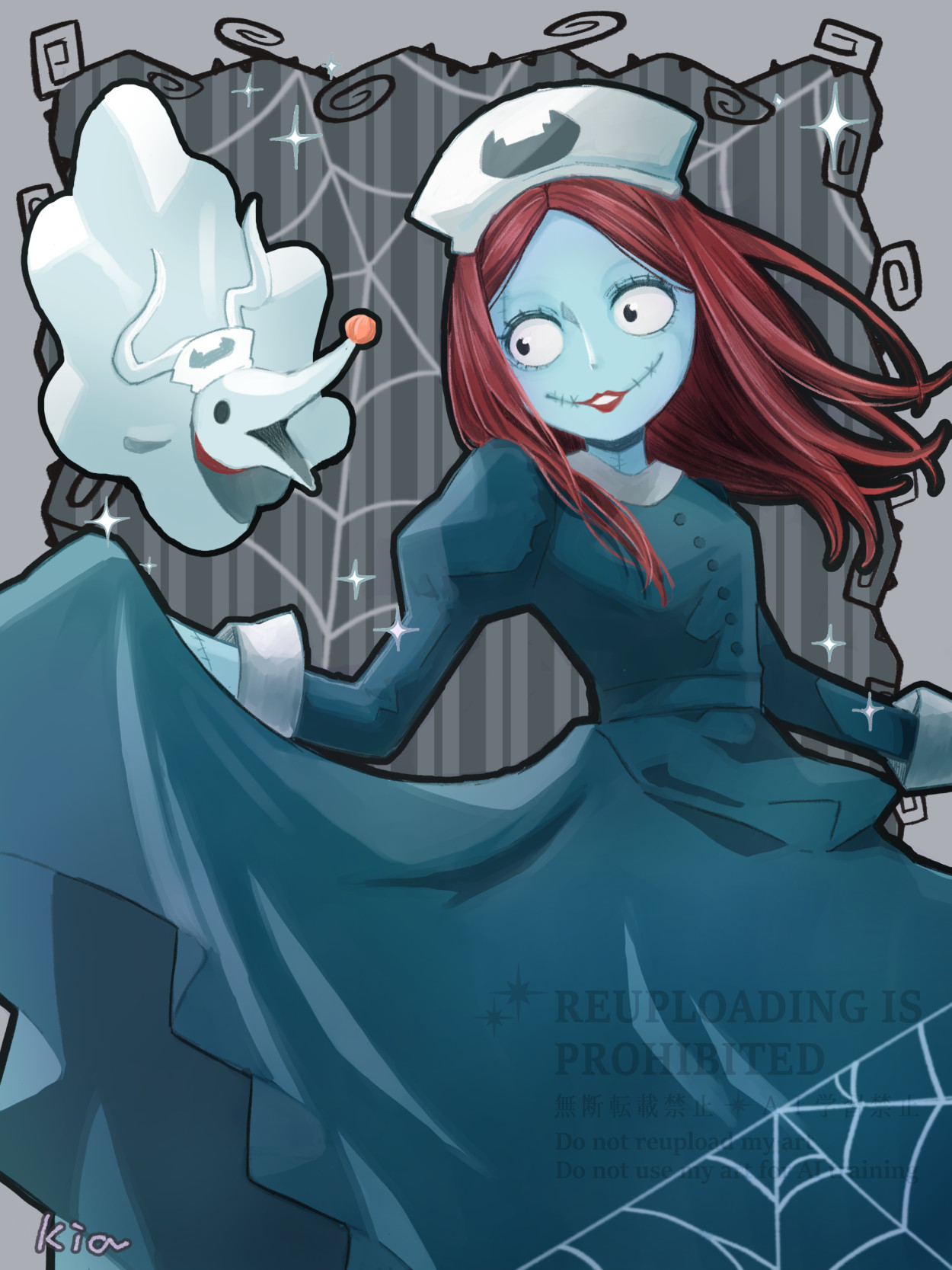 kia (kia1206kia), sally (nbc), zero (nbc), the nightmare before christmas, highres, 1boy, 1girl, alternate costume, colored skin, dress, ghost, hat, holding, long hair, nurse, nurse cap, open mouth, patchwork skin, red hair, stitched face, stitches