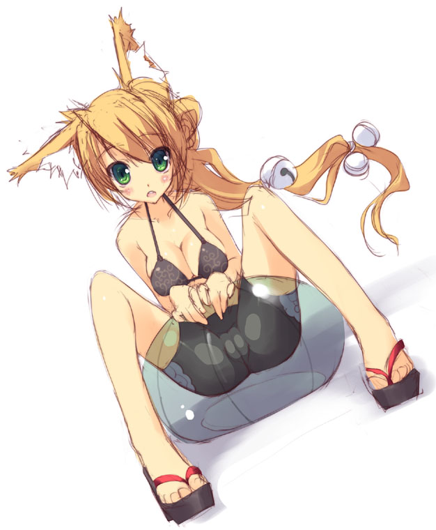 tsurusaki takahiro, 1girl, animal ears, ball, bare shoulders, bell, bike shorts, bikini, bikini top only, black bikini, blonde hair, blush, bra, breasts, cameltoe, cleavage, collarbone, dutch angle, exercise ball, feet, female focus, fox ears, green eyes, hair ornament, large breasts, lingerie, long hair, open mouth, sandals, sitting, sketch, solo, spread legs, swimsuit, underwear, very long hair