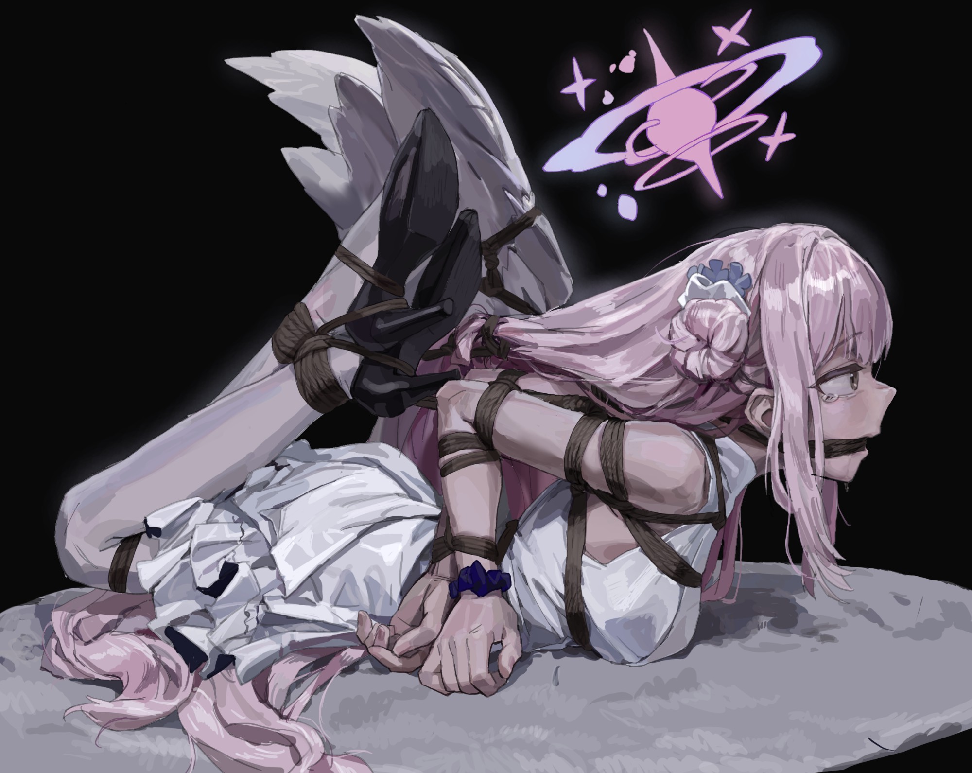 a tea, blue archive, character request, highres, 1girl, arms behind back, bare shoulders, breast bondage, breasts, brown eyes, crying, crying with eyes open, dress, gag, gagged, hair bun, halo, high heels, hogtie, long hair, lying, medium breasts, on stomach, pantyhose, ribbon, rope gag, shibari, shibari over clothes, skindentation, solo, tears, very long hair, white dress, white pantyhose, white ribbon, wings