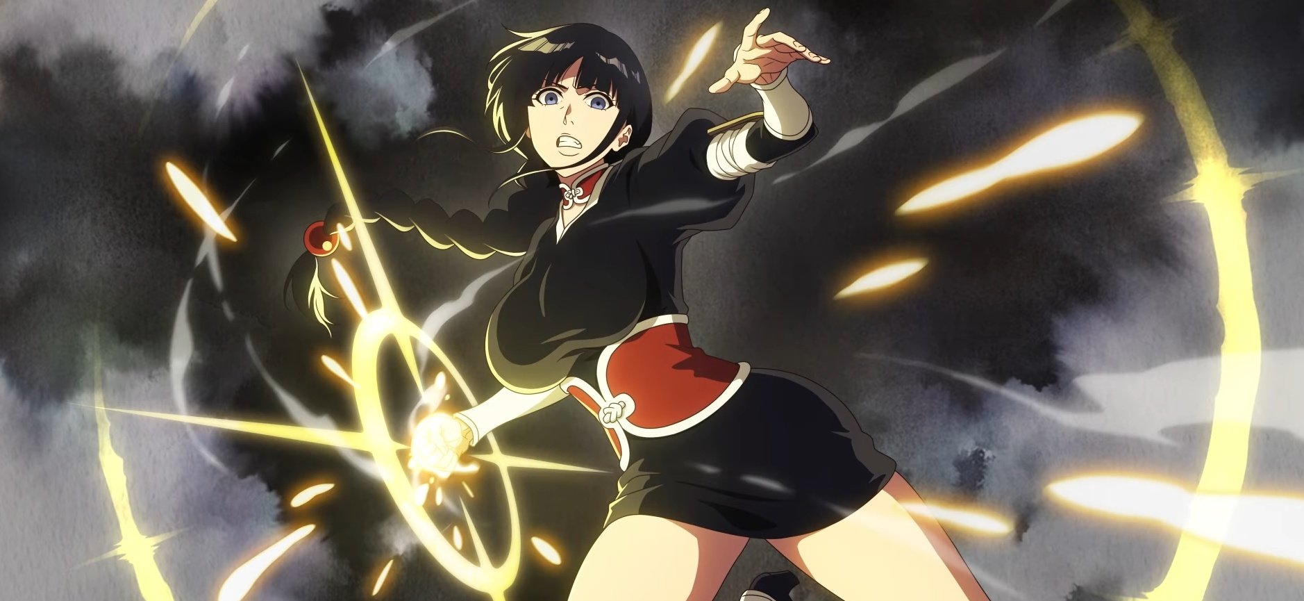 kurotsuchi nemu, bleach, bleach: brave souls, bleach: sennen kessen-hen, highres, official art, second-party source, 1girl, badge, black hair, braid, braided ponytail, breasts, choker, clenched teeth, dynamic pose, energy ball, feet out of frame, female focus, fighting stance, fukutaichou badge, japanese clothes, kimono, large breasts, light particles, long hair, smoke, solo, solo focus, teeth, thighs