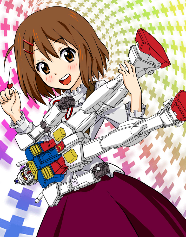 kouno iku, hirasawa yui, rx-78-2 gundam, fuwafuwa time, gundam, k-on!, mobile suit gundam, 00s, 1girl, assembling, blush, brown eyes, brown hair, female focus, gunpla, instrument, looking at viewer, mecha, model kit, music, playing instrument, robot, short hair, solo, toy