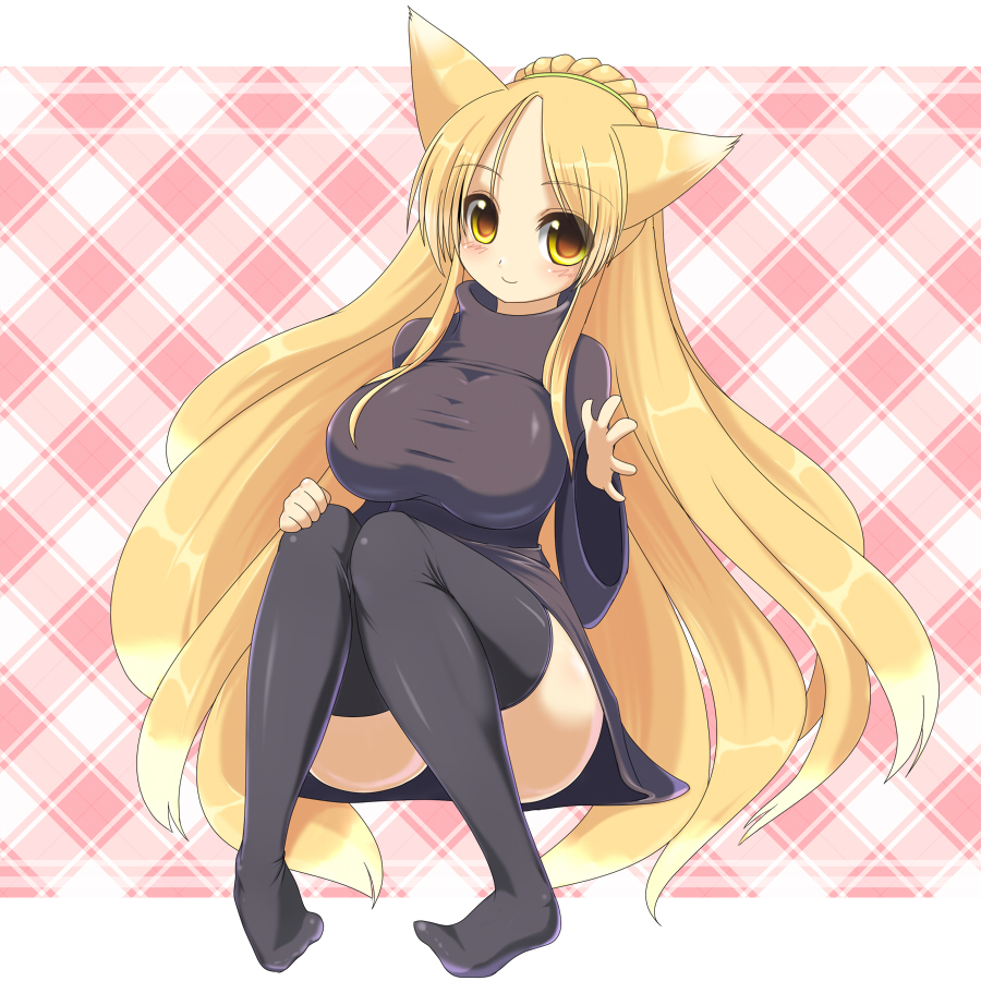 shuz (dodidu), nine-tails-san, original, 1girl, animal ears, black thighhighs, blonde hair, blush, borrowed character, breasts, female focus, fox ears, hair ornament, huge breasts, long hair, shirt, simple background, sitting, smile, solo, taut clothes, taut shirt, thighhighs, turtleneck, very long hair, yellow eyes