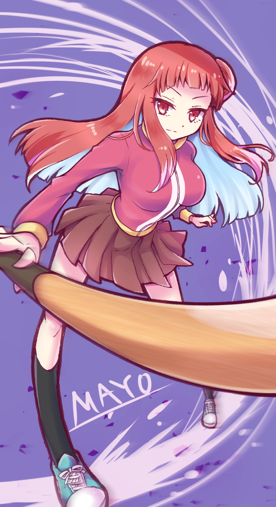 kuzuhana, mayonaka matome, akiba's trip, akiba's trip the animation, 1girl, baseball bat, blue background, breasts, brown skirt, closed mouth, expressionless, holding, holding baseball bat, jacket, kneehighs, large breasts, long hair, looking at viewer, miniskirt, multicolored hair, pleated skirt, red eyes, red hair, shoes, simple background, skirt, sneakers, socks, solo, standing, track jacket, two-tone hair, white hair