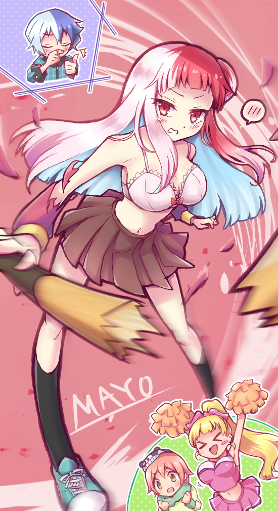 kuzuhana, arisa ahokainen, denkigai niwaka, denkigai tamotsu, mayonaka matome, akiba's trip, akiba's trip the animation, 1boy, 3girls, baseball bat, blonde hair, blood, blue hair, blush, bra, broken, broken weapon, brown hair, brown skirt, character name, cheerleader, clenched teeth, embarrassed, holding, holding baseball bat, jacket, kneehighs, long hair, looking at viewer, miniskirt, multicolored hair, multiple girls, navel, nosebleed, pleated skirt, pom pom (cheerleading), red background, red eyes, red hair, shoes, simple background, skirt, sneakers, socks, standing, teeth, torn clothes, torn jacket, track jacket, two-tone hair, underwear, weapon, white bra, white hair