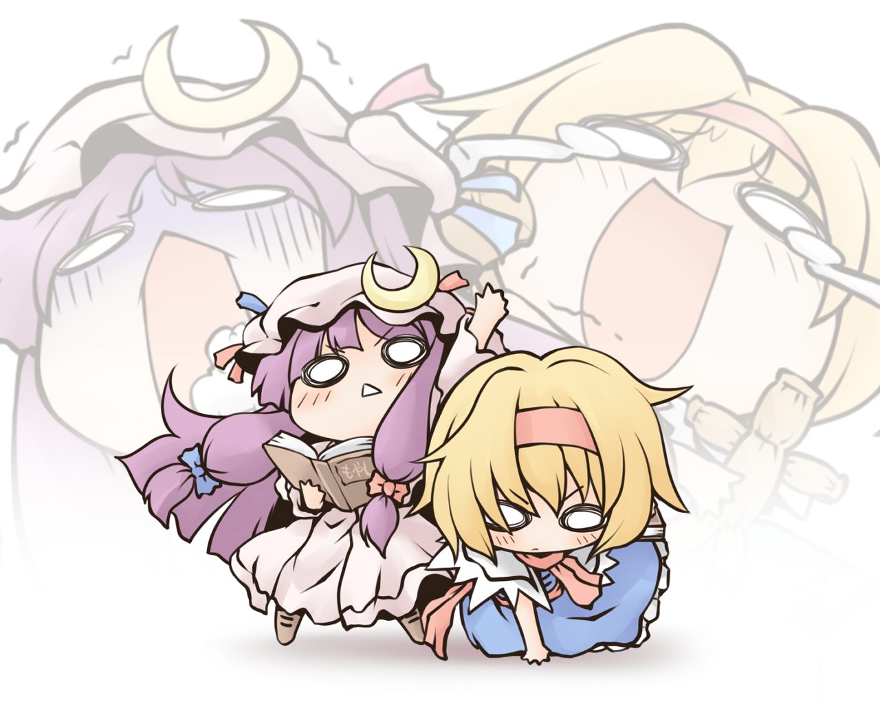 nekoguruma, alice margatroid, patchouli knowledge, touhou, 2girls, :<, blonde hair, book, chibi, female focus, full body, jumping, kneeling, multiple girls, multiple views, o o, purple hair, standing, zoom layer