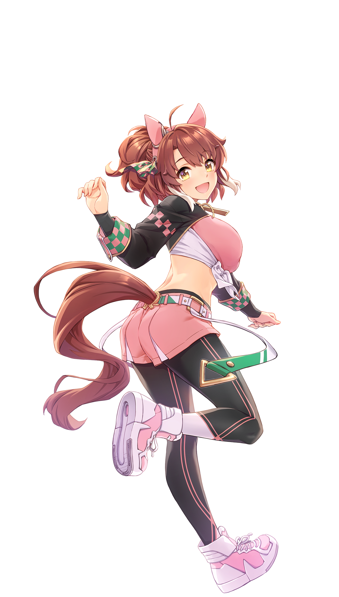 dantsu flame (center spotlight) (umamusume), dantsu flame (umamusume), umamusume, highres, official art, 1girl, :d, ahoge, animal ears, black pants, bow, breasts, brown hair, ear covers, ear ribbon, from behind, horse ears, horse girl, horse tail, large breasts, looking at viewer, midriff, multicolored hair, multicolored shoes, open mouth, pants, pink shoes, pink shorts, shoes, short hair, shorts, smile, solo, tail, transparent background, two-tone hair, two-tone shoes, white background, white shoes, yellow eyes