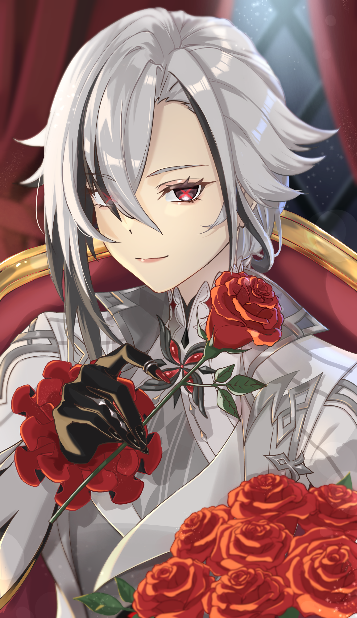 arlecchino (genshin impact), genshin impact, highres, black eyes, black hair, coat, colored extremities, flower, gradient skin, hair between eyes, kem, looking at viewer, multicolored hair, red flower, red pupils, red rose, rose, streaked hair, symbol-shaped pupils, white coat, white hair, x-shaped pupils