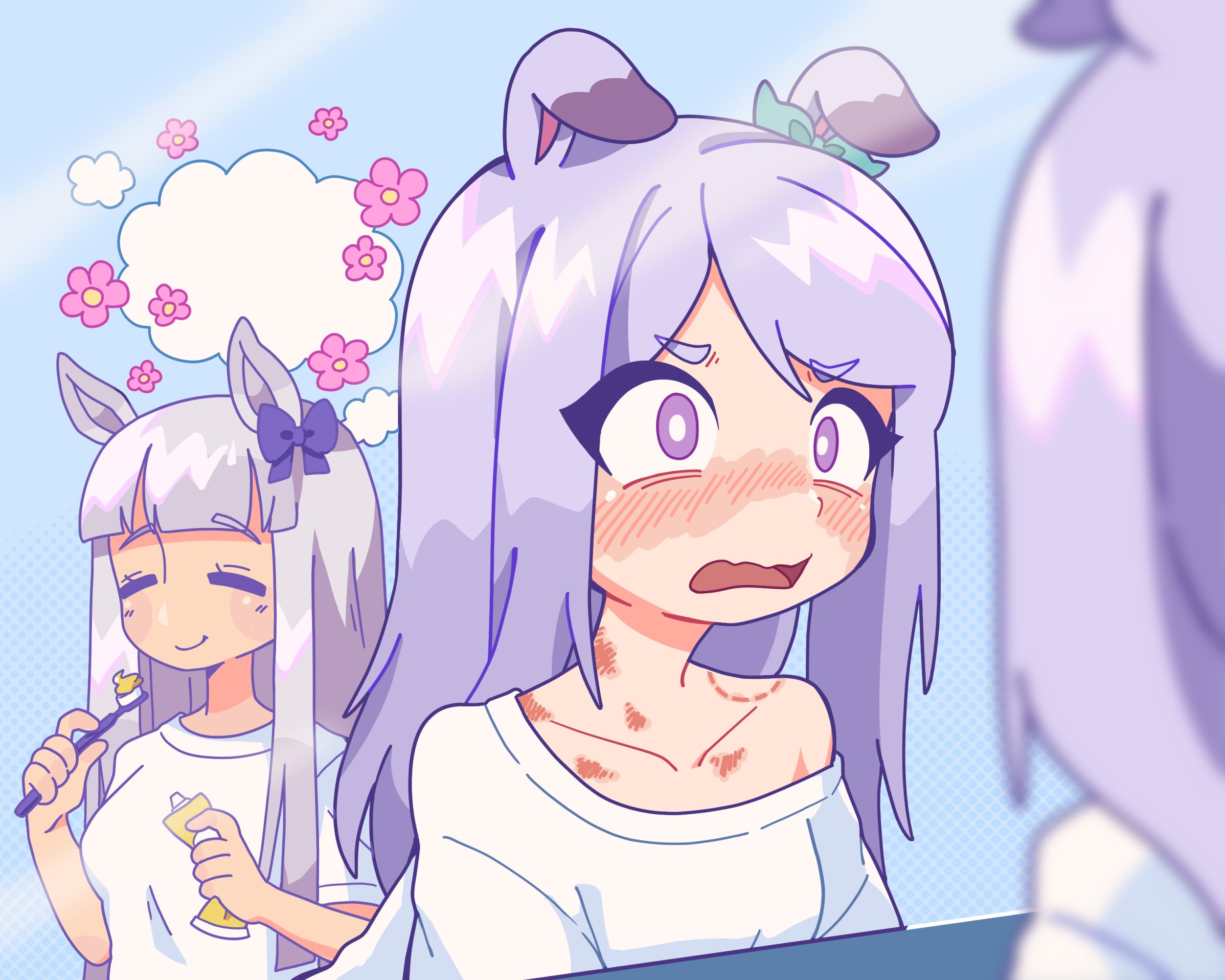 kitnoko, gold ship (umamusume), mejiro mcqueen (umamusume), umamusume, commentary, highres, symbol-only commentary, 2girls, animal ears, bite mark, bite mark on shoulder, blush, blush stickers, bright pupils, closed mouth, collarbone, grey hair, hands up, hickey, holding, holding toothbrush, horse ears, horse girl, long hair, mirror, morning after, multiple girls, nose blush, off-shoulder shirt, off shoulder, open mouth, parted bangs, purple eyes, purple hair, reflection, reflection focus, shirt, short sleeves, smile, straight hair, toothbrush, toothpaste, wavy mouth, white pupils, white shirt, yuri