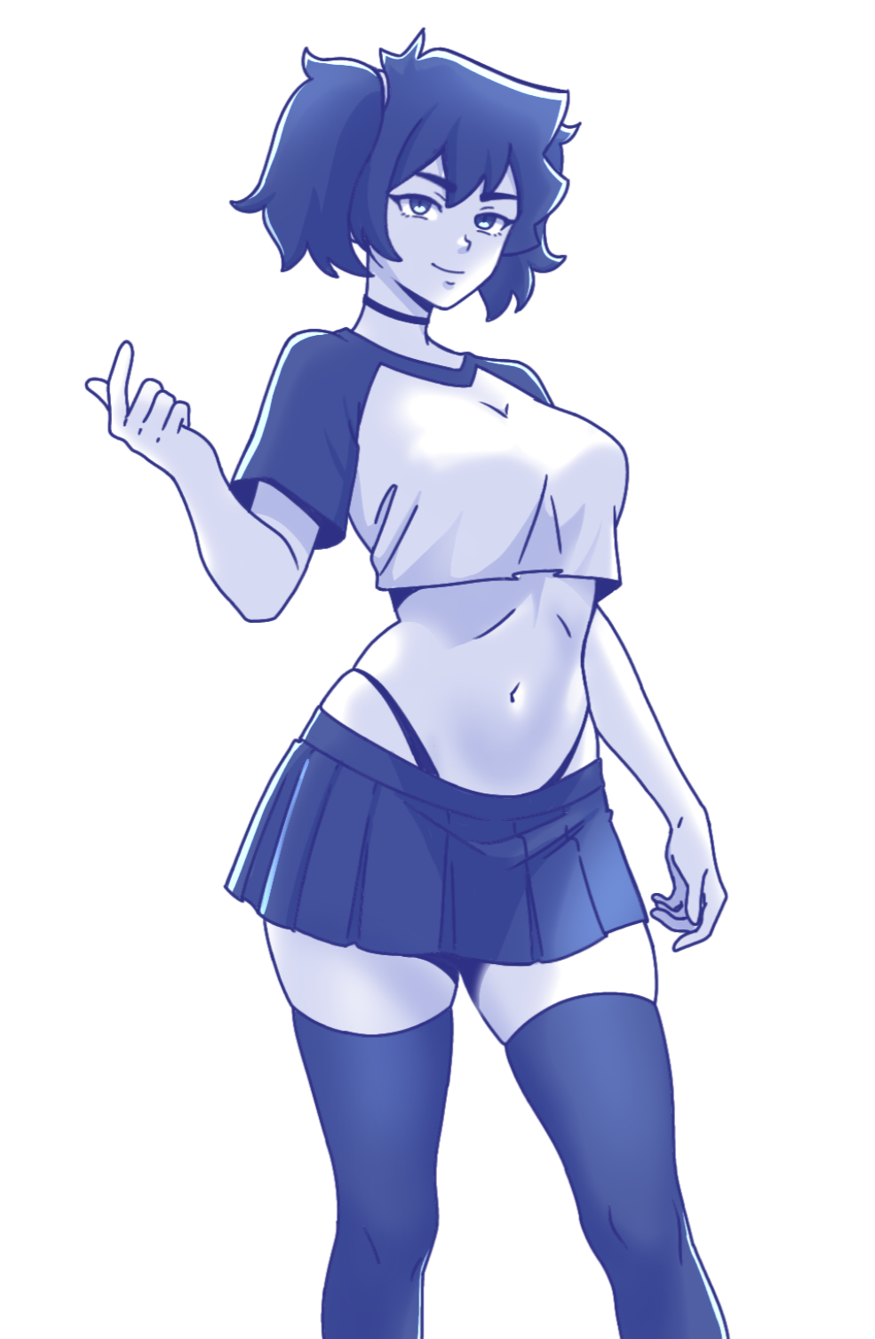 mimundoalex, original, commentary request, highres, 1girl, beckoning, breasts, crop top, cropped shirt, greyscale, highleg, highleg panties, medium breasts, midriff, miniskirt, monochrome, navel, panties, pleated skirt, skirt, solo, spanish commentary, thighhighs, twintails, underwear, zettai ryouiki