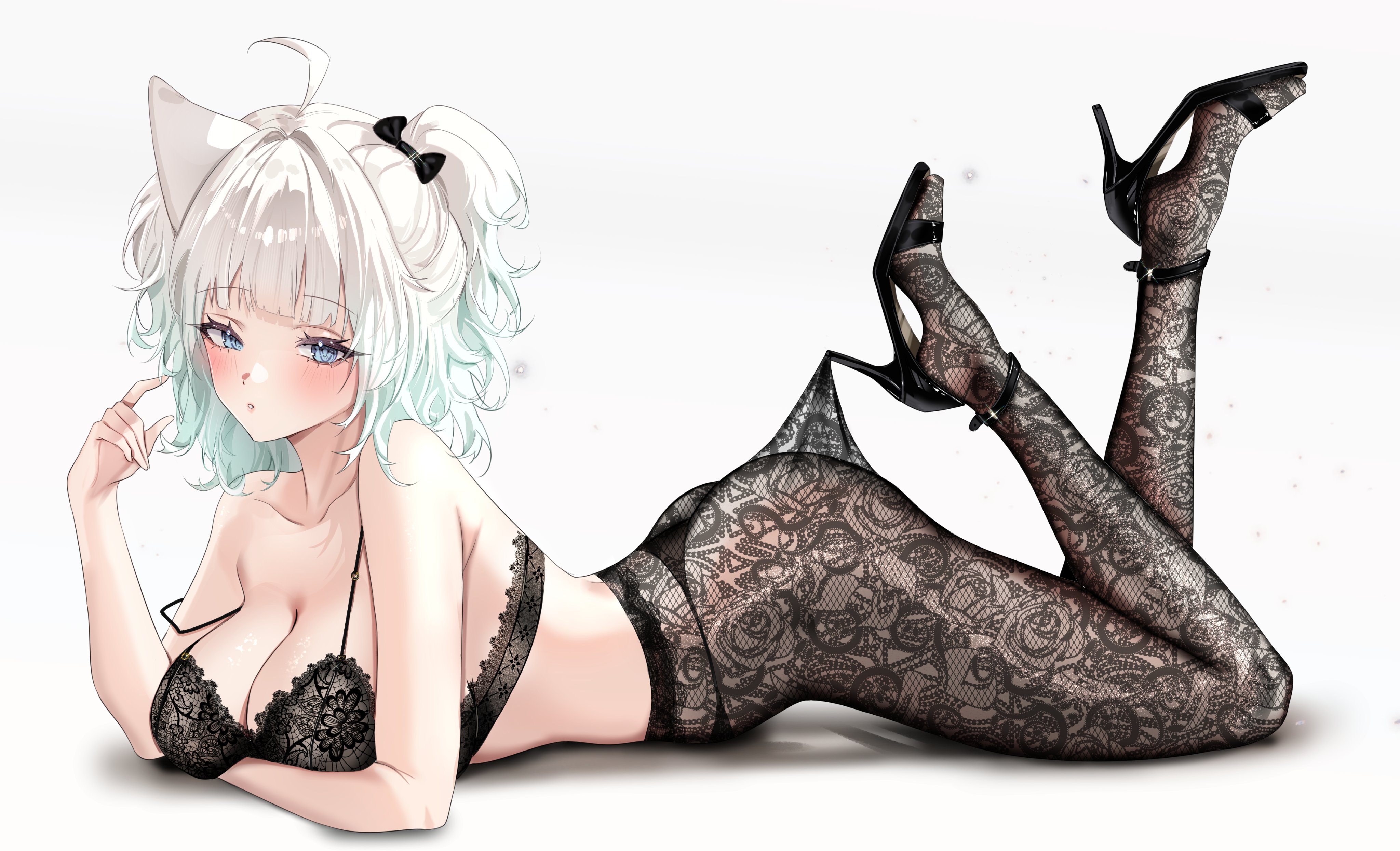 miuq chan, mint fantome, indie virtual youtuber, absurdres, commentary, hashtag-only commentary, highres, 1girl, ahoge, bare shoulders, black bra, black shoes, blue eyes, blush, bra, breasts, cleavage, clothes pull, collarbone, floral print pantyhose, full body, gradient hair, green hair, hand up, high heels, hooked on heel, lace, lace-trimmed bra, lace pantyhose, lace pantyhose hooked on heel (meme), lace trim, large breasts, legs up, lying, meme, multicolored hair, on stomach, parted lips, shoes, simple background, solo, strap slip, underwear, white background, white hair