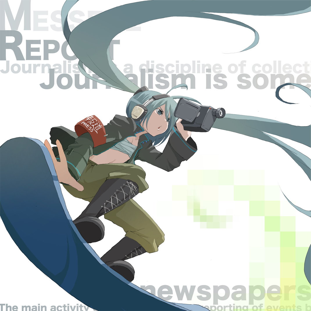 tansuke, hatsune miku, vocaloid, 1girl, aqua hair, armband, boots, camcorder, camera, english text, female focus, headset, long hair, midriff, recording, sarashi, solo, surfboard, twintails, video camera
