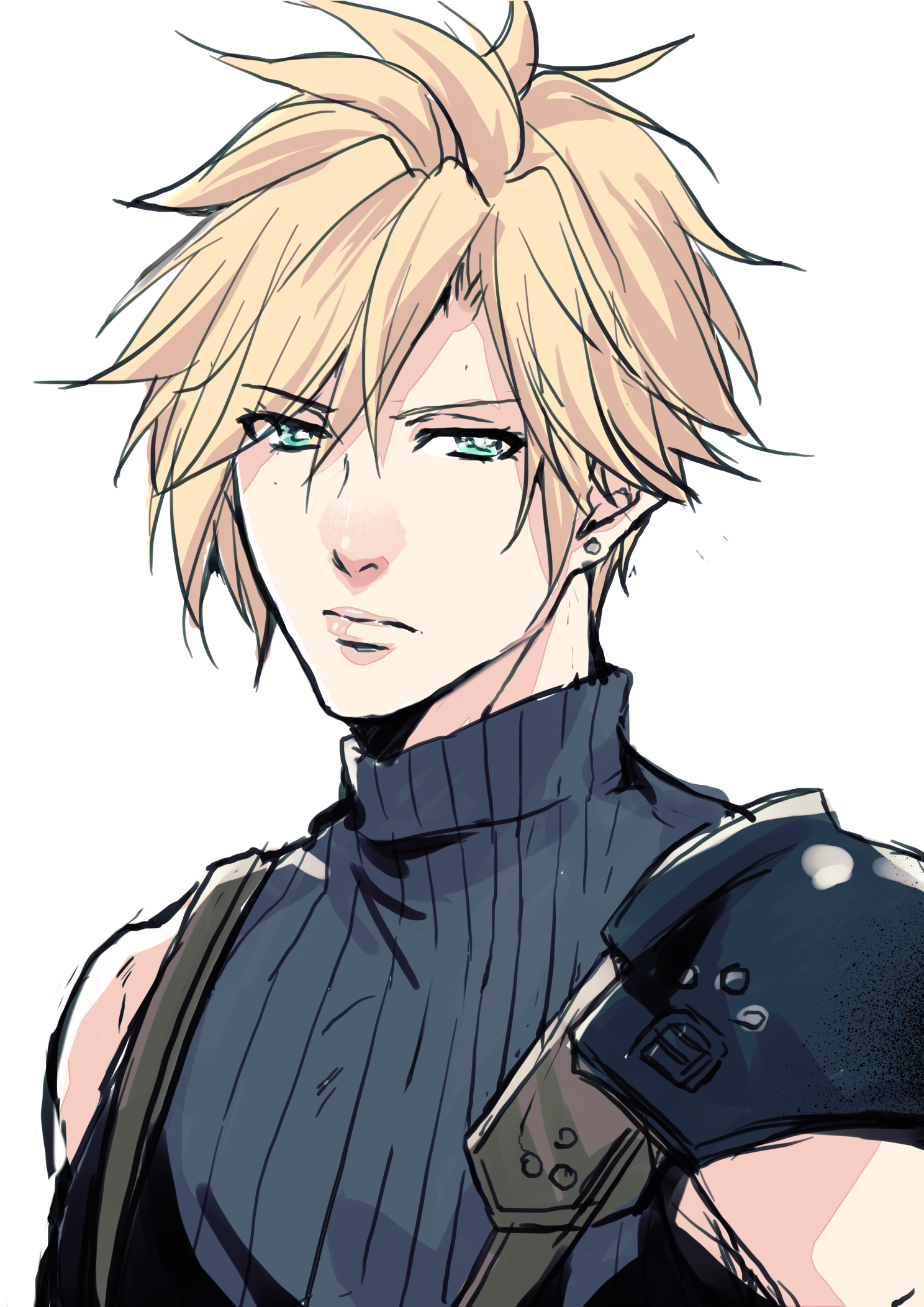 gogochi55, cloud strife, final fantasy, final fantasy vii, final fantasy vii remake, commentary request, highres, 1boy, armor, blonde hair, blue eyes, blue sweater, closed mouth, earrings, hair between eyes, jewelry, male focus, ribbed sweater, short hair, shoulder armor, single bare shoulder, sleeveless, sleeveless turtleneck, solo, spiked hair, stud earrings, suspenders, sweater, turtleneck, turtleneck sweater, upper body, white background