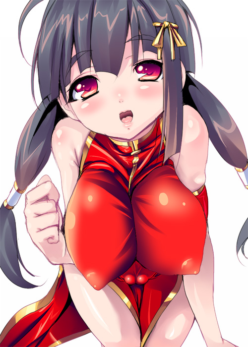 shiranagi, black hair, breasts, breasts squeezed together, cameltoe, china dress, chinese clothes, covered erect nipples, dress, huge breasts, long hair, red eyes, solo, twintails