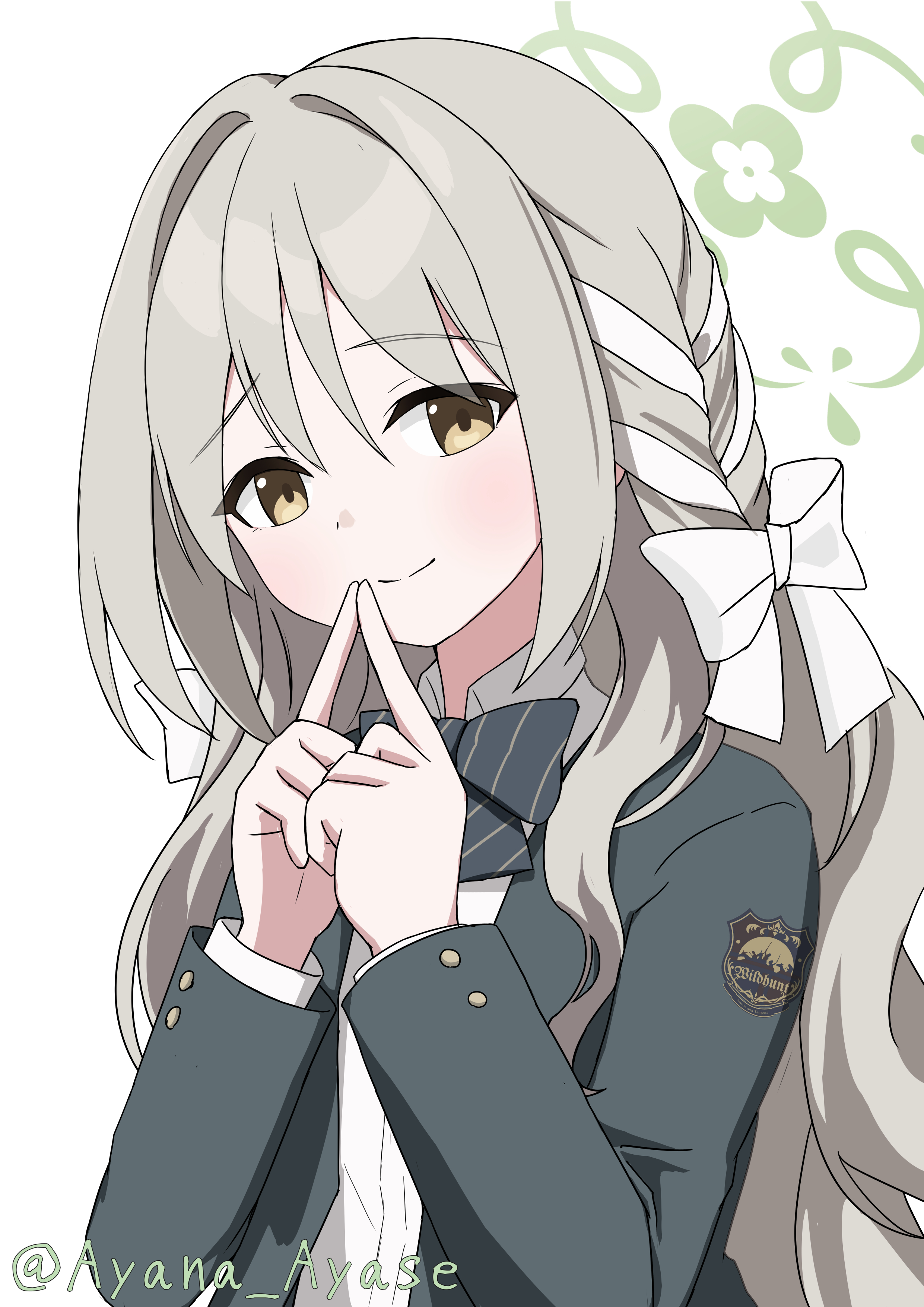 ayana ayase, miyo (blue archive), blue archive, absurdres, commentary request, highres, 1girl, black bow, black bowtie, blush, bow, bowtie, braid, brown hair, closed mouth, collared shirt, diagonal-striped bow, diagonal-striped bowtie, diagonal-striped clothes, green halo, green jacket, hair bow, hair intakes, hair ribbon, halo, hands up, index fingers together, jacket, long hair, long sleeves, looking at viewer, ribbon, ribbon braid, school uniform, shirt, shy, side braid, simple background, smile, solo, split mouth, striped bow, striped bowtie, striped clothes, twitter username, upper body, very long hair, wavy hair, white background, white bow, white ribbon, white shirt, wild hunt academy of arts logo, yellow eyes