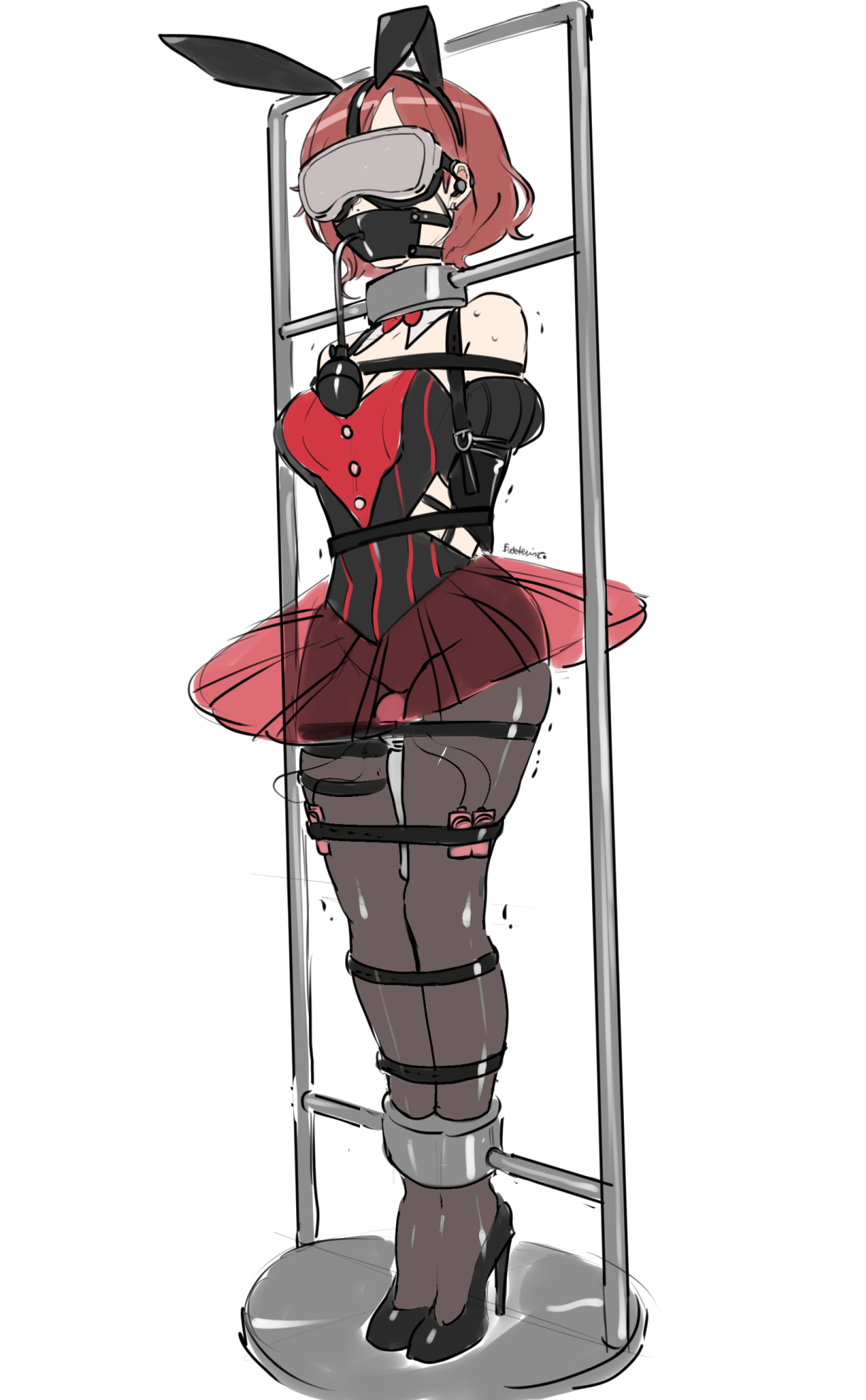 eudetenis, higuchi madoka, idolmaster, idolmaster shiny colors, highres, 1girl, animal ear hairband, animal ears, armbinder, arms behind back, bdsm, bondage, bound, bound ankles, bound arms, bound legs, bound torso, bound wrists, bow, bowtie, breast bondage, breasts, brown hair, detached collar, fake animal ears, gag, gag harness, gagged, hairband, immobilization, leotard, muzzle gag, object insertion, playboy bunny, rabbit ear hairband, rabbit ears, restrained, sex toy, shibari, shibari over clothes, short hair, standing restraints, stationary restraints, strap, swept bangs, upright restraints, vibrator