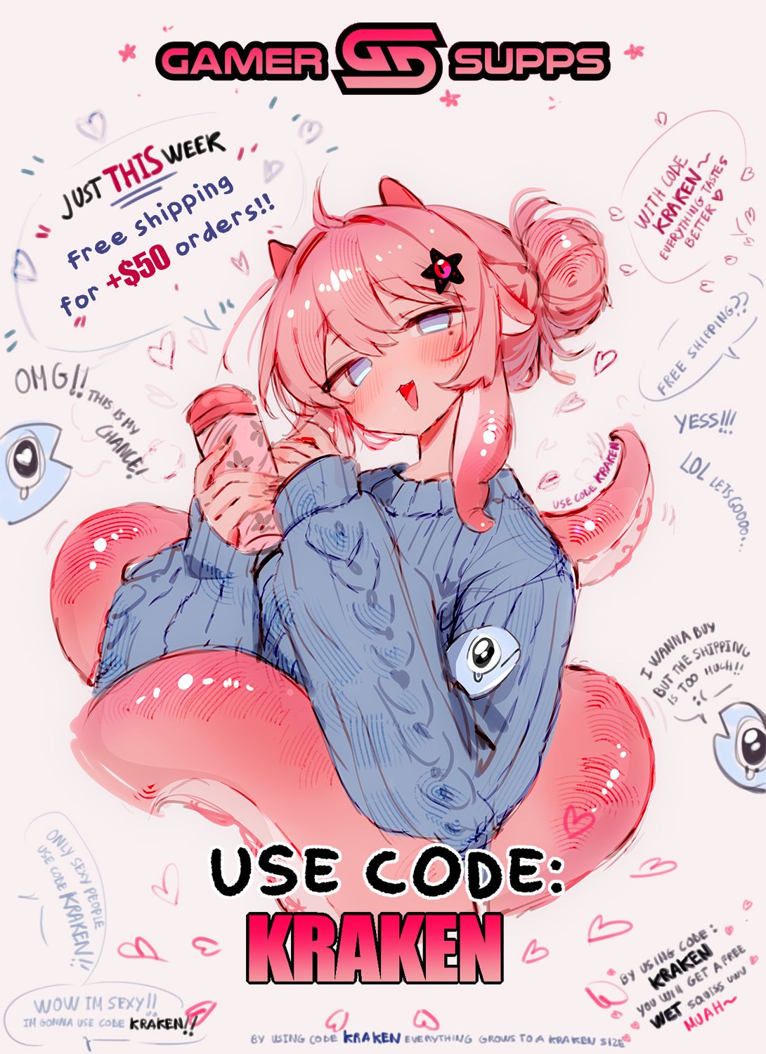 nixeu, gamer supps, indie virtual youtuber, commentary, english commentary, highres, 1girl, :3, ahoge, blue eyes, blue sweater, blush, fish, grey background, hair bun, hair ornament, iomaya (vtuber), long hair, long sleeves, looking at viewer, open mouth, pink hair, ribbed sweater, smile, speech bubble, star (symbol), star hair ornament, sweater, tentacle hair, tentacles, virtual youtuber