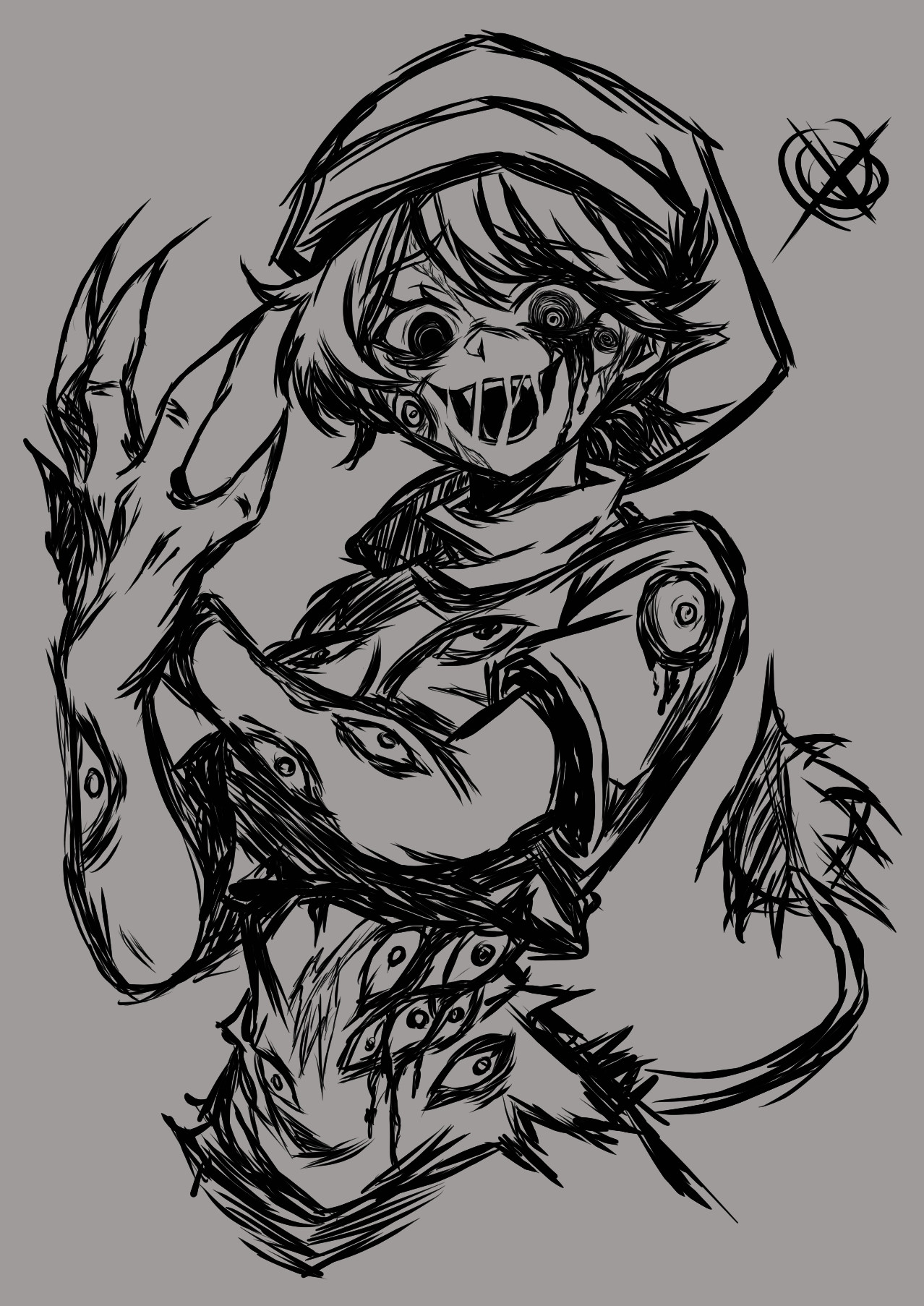 arianne20131, doremy sweet, touhou, commentary, english commentary, highres, 1girl, blood, bloody tears, body horror, claws, extra eyes, eye on belly, eyes on body, eyes on jaw, grey background, greyscale, hat, hatching (texture), horror (theme), looking at viewer, mismatched eyes, monochrome, monster girl, nightcap, open mouth, short hair, short sleeves, signature, simple background, smile, solo, tail, tapir tail, too many eyes