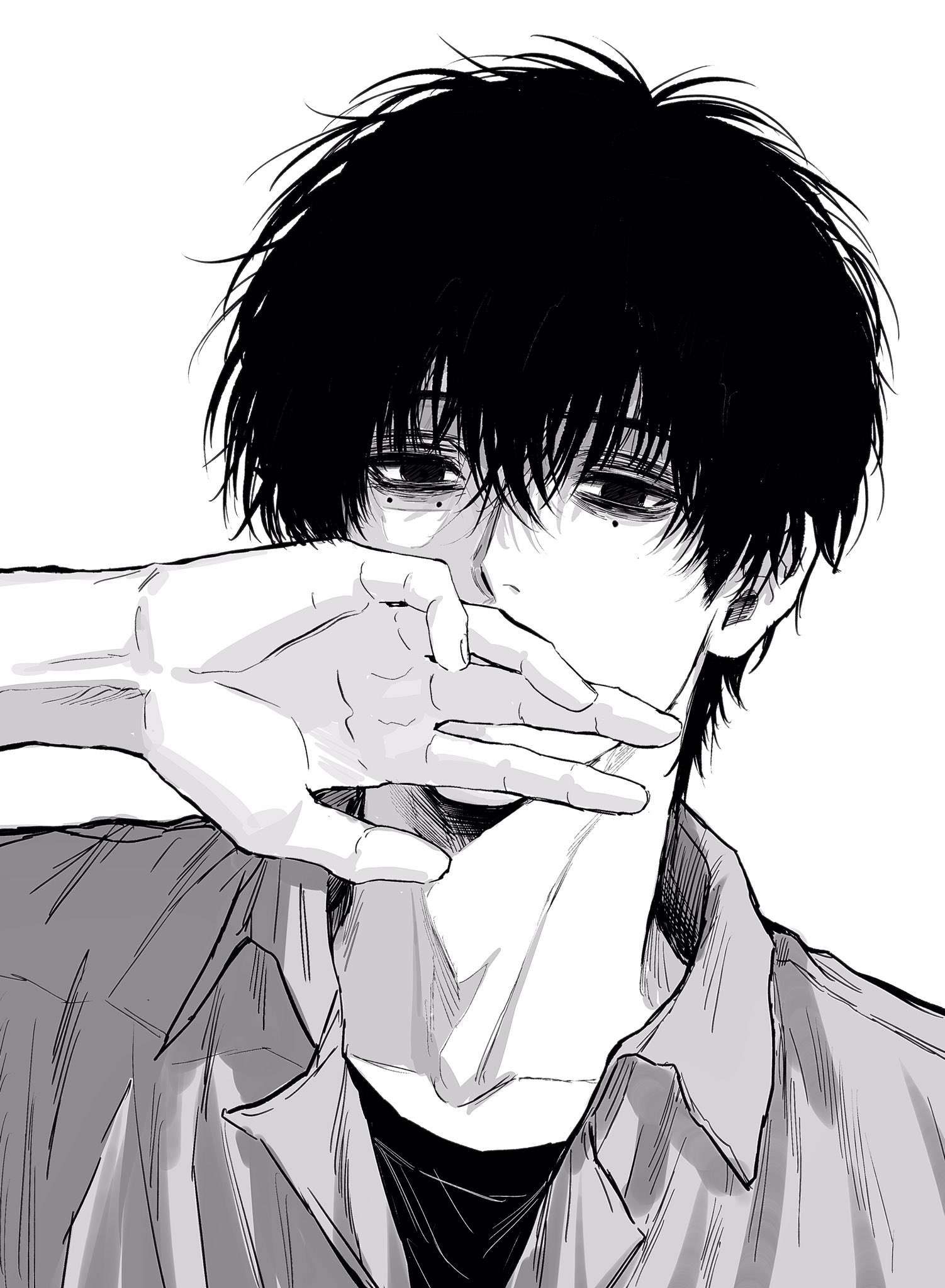 sso s, seba natsuki, sakamoto days, highres, 1boy, collared shirt, greyscale, hair between eyes, looking at viewer, male focus, mole, mole under eye, monochrome, multiple moles, palms, shirt, short hair, simple background, solo, upper body, white background