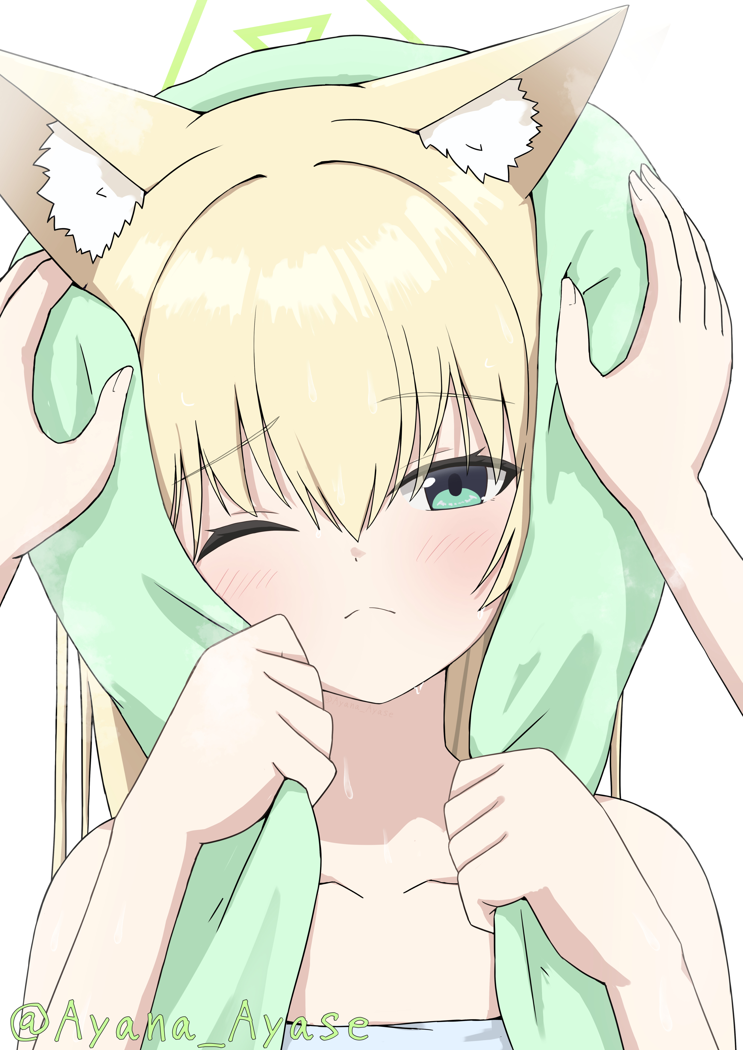 ayana ayase, kurumi (blue archive), blue archive, absurdres, commentary request, highres, 1girl, 1other, ;(, after bathing, animal ear fluff, bare shoulders, blonde hair, blush, closed mouth, collarbone, drying, drying hair, eyes visible through hair, frown, furrowed brow, green eyes, green halo, hair between eyes, hair down, halo, hands up, long hair, looking at viewer, pov, pov hands, simple background, solo focus, split mouth, towel, towel on head, wet, white background