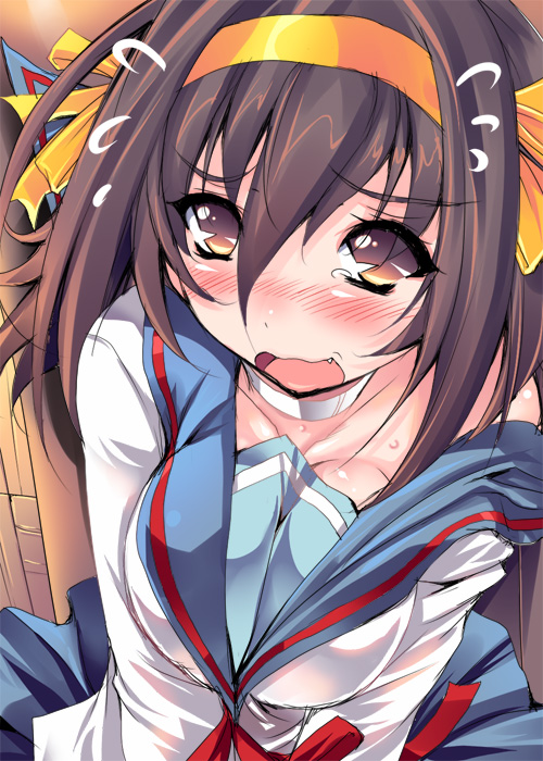 shiranagi, suzumiya haruhi, suzumiya haruhi no yuuutsu, 00s, blush, embarrassed, hairband, school uniform, serafuku, solo