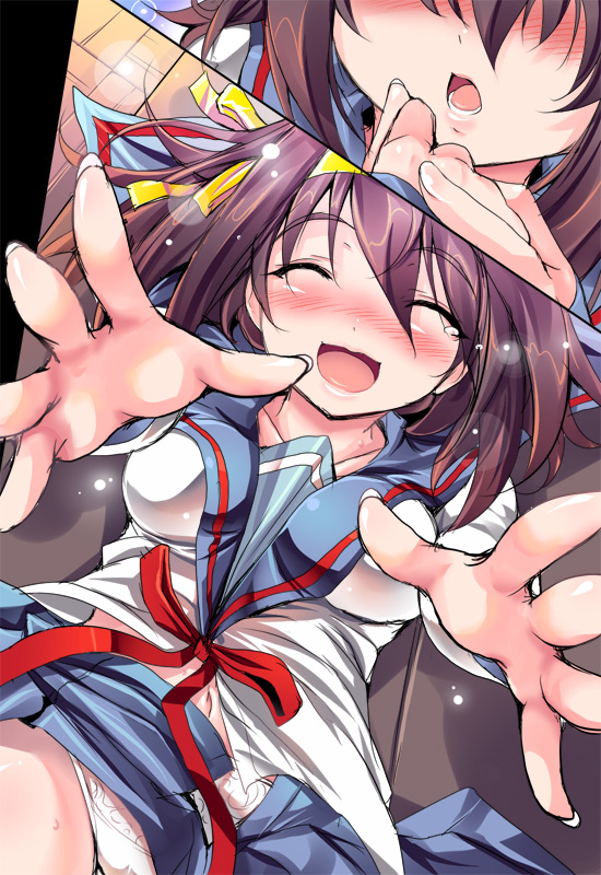 shiranagi, suzumiya haruhi, suzumiya haruhi no yuuutsu, 00s, brown hair, closed eyes, hairband, panties, school uniform, serafuku, short hair, smile, underwear