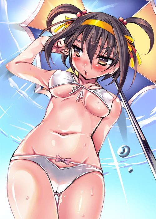 shiranagi, suzumiya haruhi, suzumiya haruhi no yuuutsu, 00s, 1girl, alternate hairstyle, bikini, blush, breasts, female focus, front-tie top, groin, hair bobbles, hair ornament, hairband, open mouth, shiny skin, solo, swimsuit, twintails, umbrella, underboob, white bikini