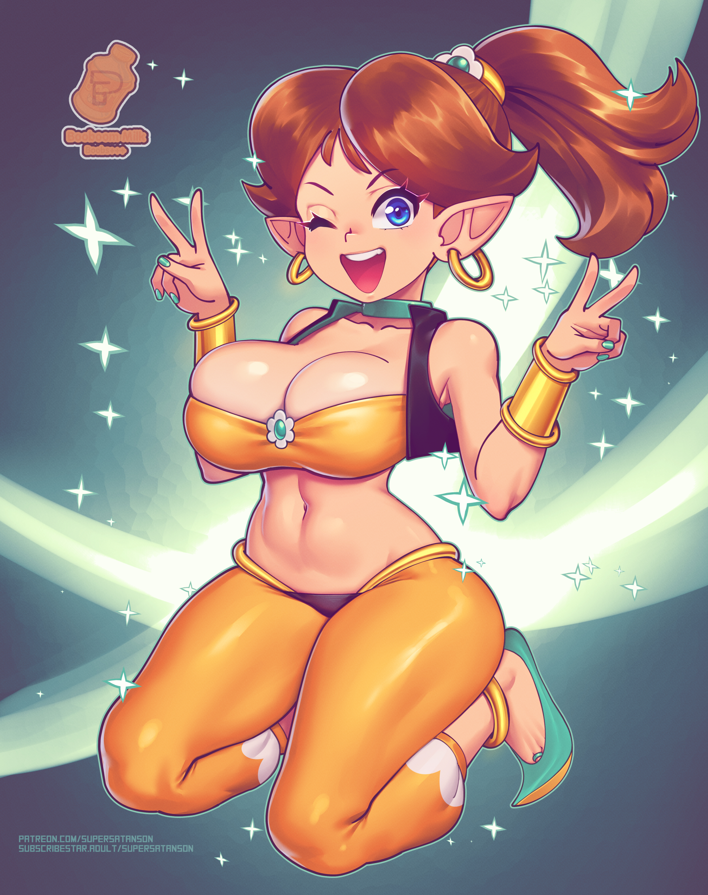 supersatanson, princess daisy, shantae, mario (series), nintendo, shantae (series), absurdres, highres, 1girl, anklet, blue eyes, bracer, breasts, brown hair, choker, cleavage, double v, earrings, female focus, full body, harem outfit, hoop earrings, jewelry, kneeling, large breasts, long hair, looking at viewer, nail polish, one eye closed, pointy ears, ponytail, shantae (cosplay), solo, thick thighs, thighs, v, vest, wink