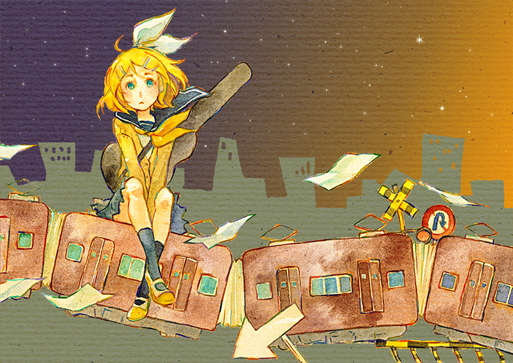 shou shishi, kagamine rin, vocaloid, 1girl, blonde hair, city, female focus, guitar case, hair ornament, hairclip, instrument case, night, school uniform, serafuku, solo, train