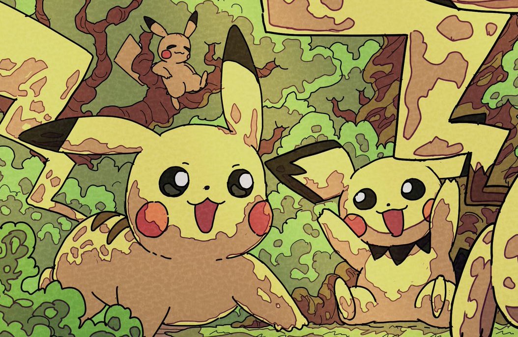 onamuzi illust, pichu, pikachu, nintendo, pokemon, animal focus, closed eyes, closed mouth, gen 1 pokemon, gen 2 pokemon, no humans, on tree, open mouth, outdoors, pokemon (creature), pokemon focus, smile, tail, tree