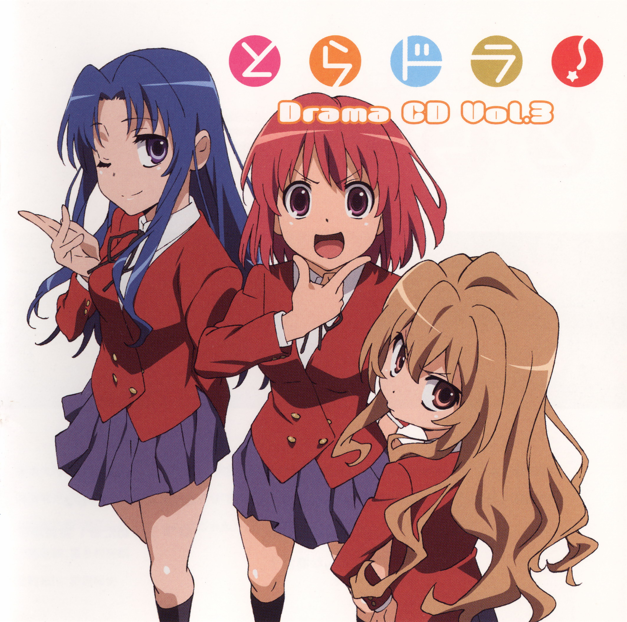 aisaka taiga, kawashima ami, kushieda minori, toradora!, highres, official art, scan, 00s, 3girls, album cover, blue hair, brown eyes, brown hair, copyright name, cover, long hair, multiple girls, one eye closed, purple eyes, red eyes, red hair, school uniform, short hair, wink