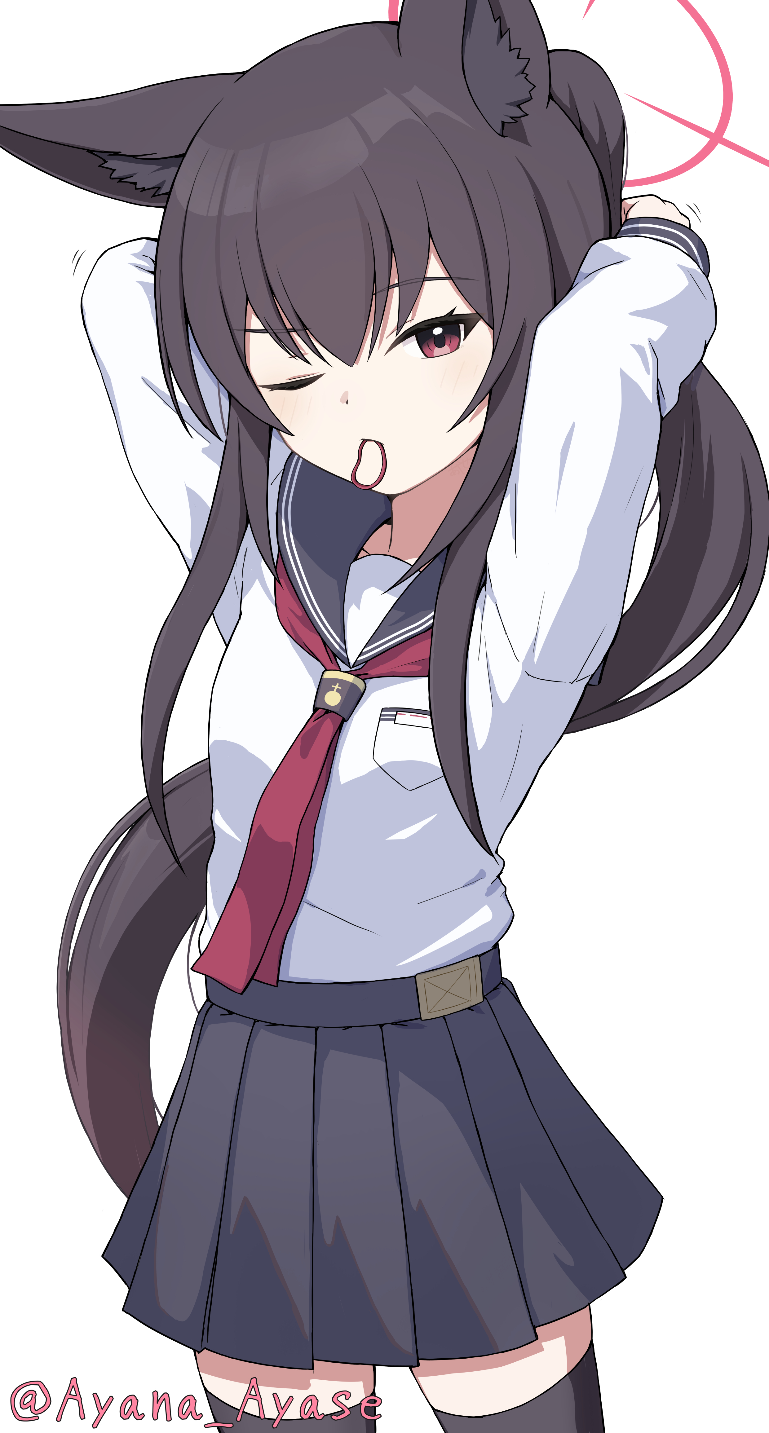 ayana ayase, yukino (blue archive), blue archive, absurdres, commentary request, highres, 1girl, adjusting hair, alternate hairstyle, animal ear fluff, animal ears, arms behind head, arms up, black sailor collar, black skirt, black thighhighs, brown hair, collarbone, cowboy shot, floating hair, fox ears, fox girl, hair between eyes, hair tie in mouth, halo, long hair, long sidelocks, long sleeves, looking at viewer, miniskirt, mouth hold, neckerchief, one eye closed, pleated skirt, ponytail, red eyes, red halo, red neckerchief, sailor collar, school uniform, serafuku, shirt, sidelocks, simple background, skindentation, skirt, solo, standing, thighhighs, twitter username, very long hair, white background, white shirt, zettai ryouiki