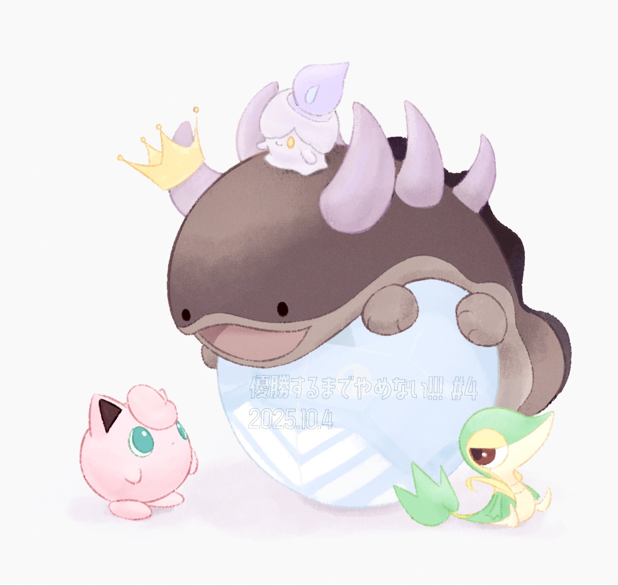 fireblast, clodsire, jigglypuff, litwick, nintendo, pokemon, highres, ball, blue eyes, blue fire, candle, closed mouth, crown, fire, gen 1 pokemon, gen 5 pokemon, green eyes, no humans, on ball, open mouth, pokemon (creature), pokemon focus, purple fire, red eyes, smile, spines, tail, yellow eyes